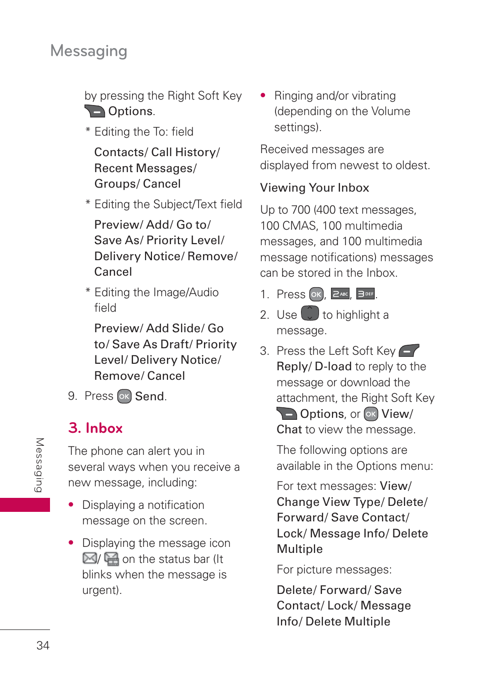 Inbox, Messaging | LG AN160 User Manual | Page 36 / 98