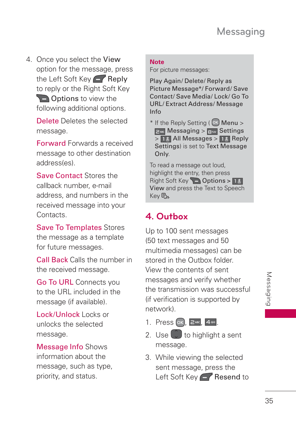 Outbox, Messaging | LG AN160 User Manual | Page 37 / 98
