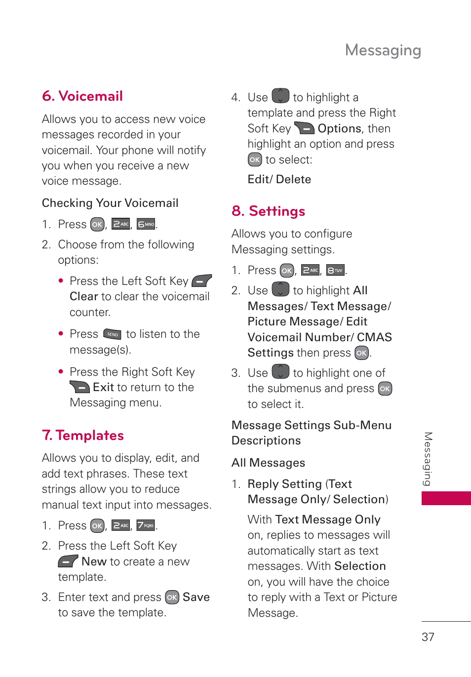 Voicemail, Templates, Settings | Messaging | LG AN160 User Manual | Page 39 / 98