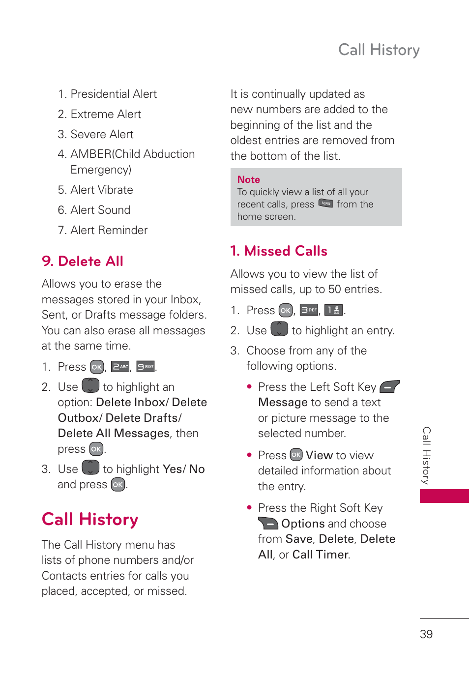 Delete all, Call history, Missed calls | LG AN160 User Manual | Page 41 / 98