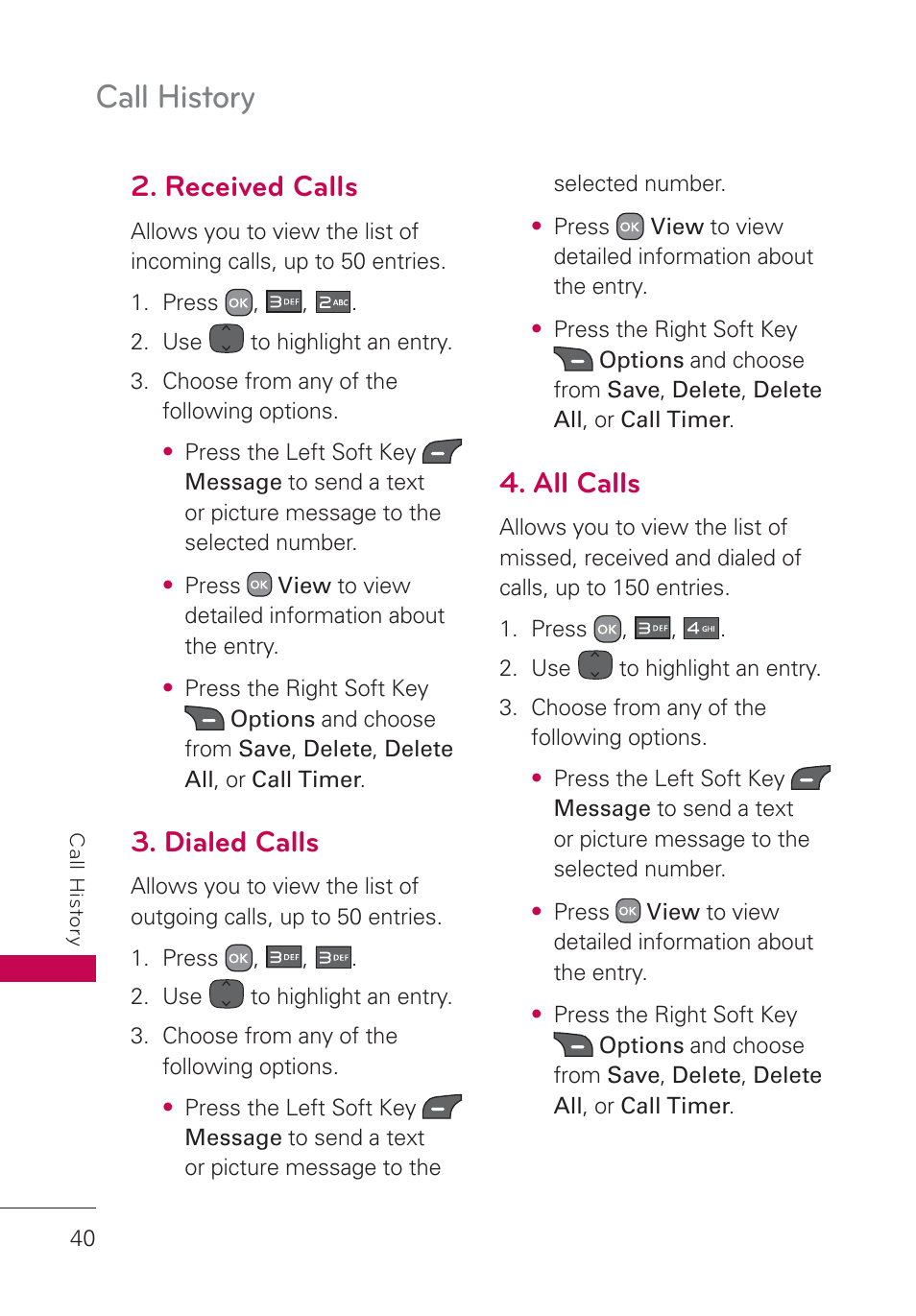 Received calls, Dialed calls, All calls | Call history | LG AN160 User Manual | Page 42 / 98