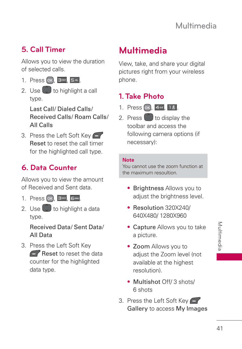 Call timer, Data counter, Multimedia | Take photo, Multimedia 41 | LG AN160 User Manual | Page 43 / 98