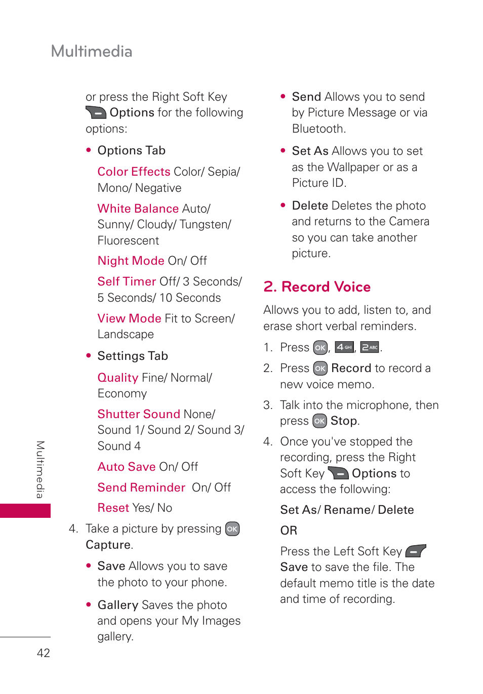 Record voice, Multimedia | LG AN160 User Manual | Page 44 / 98