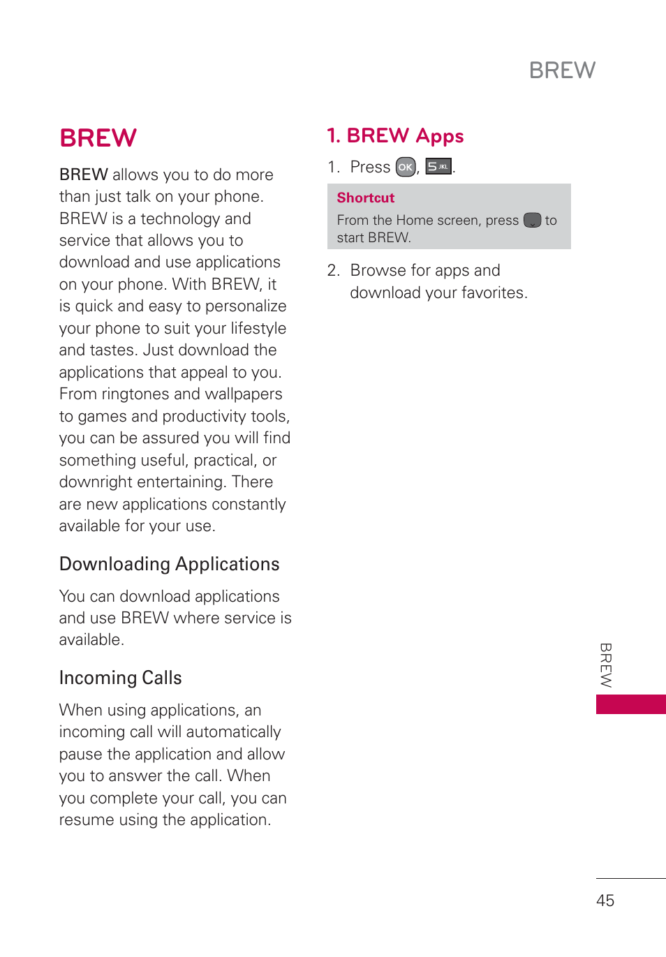 Brew, Brew apps, Brew 45 | LG AN160 User Manual | Page 47 / 98