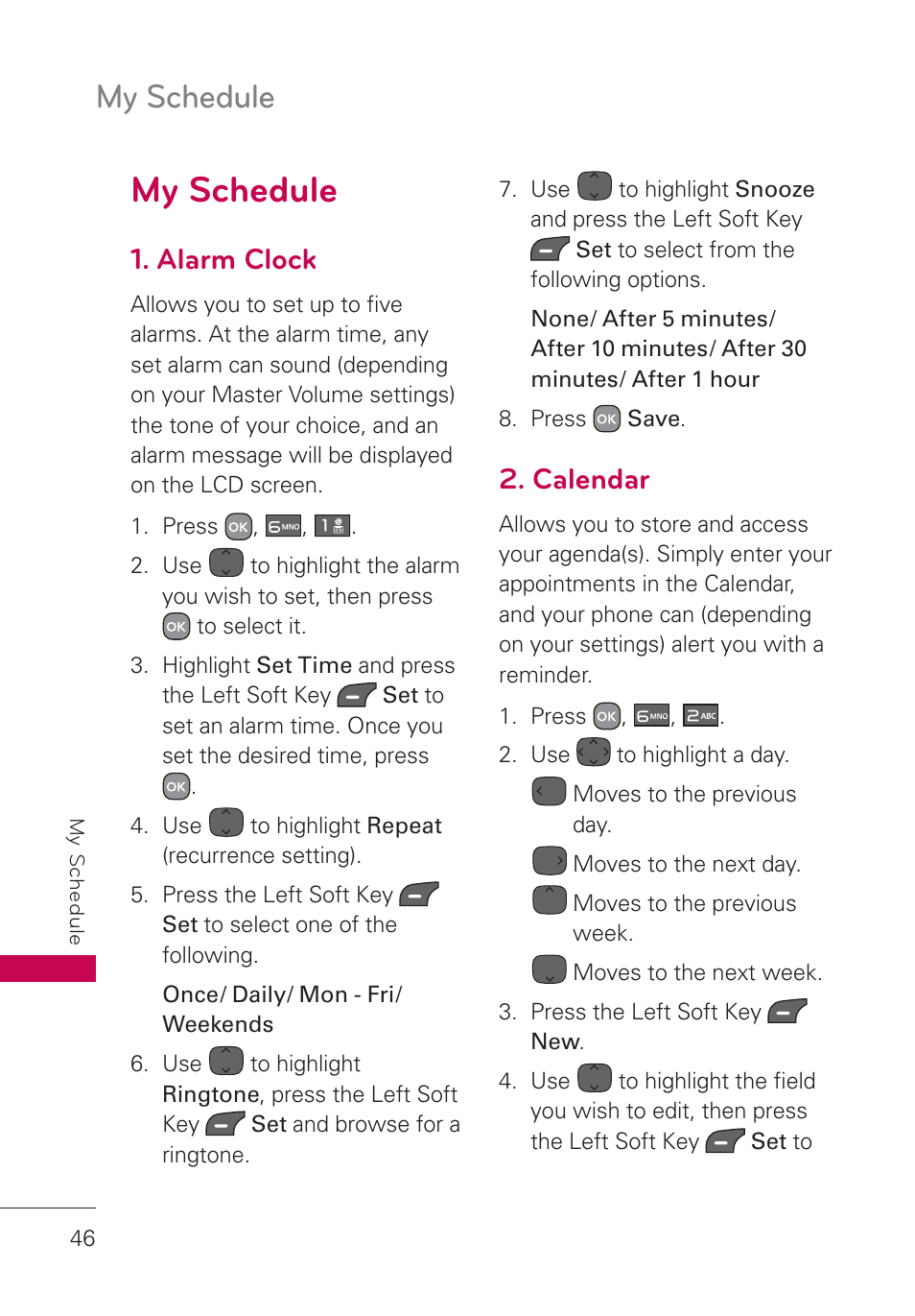 My schedule, Alarm clock, Calendar | LG AN160 User Manual | Page 48 / 98