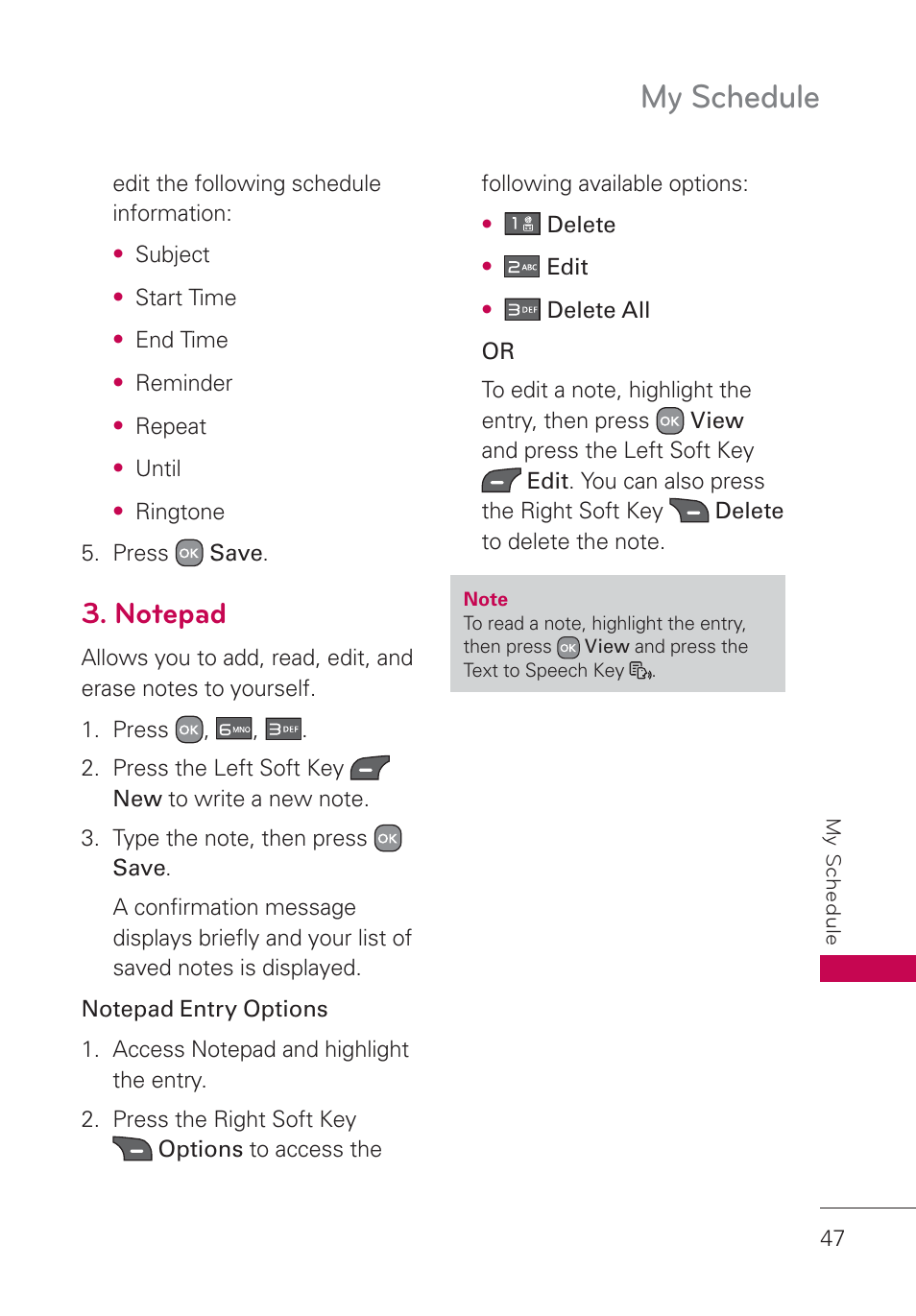 Notepad, My schedule | LG AN160 User Manual | Page 49 / 98