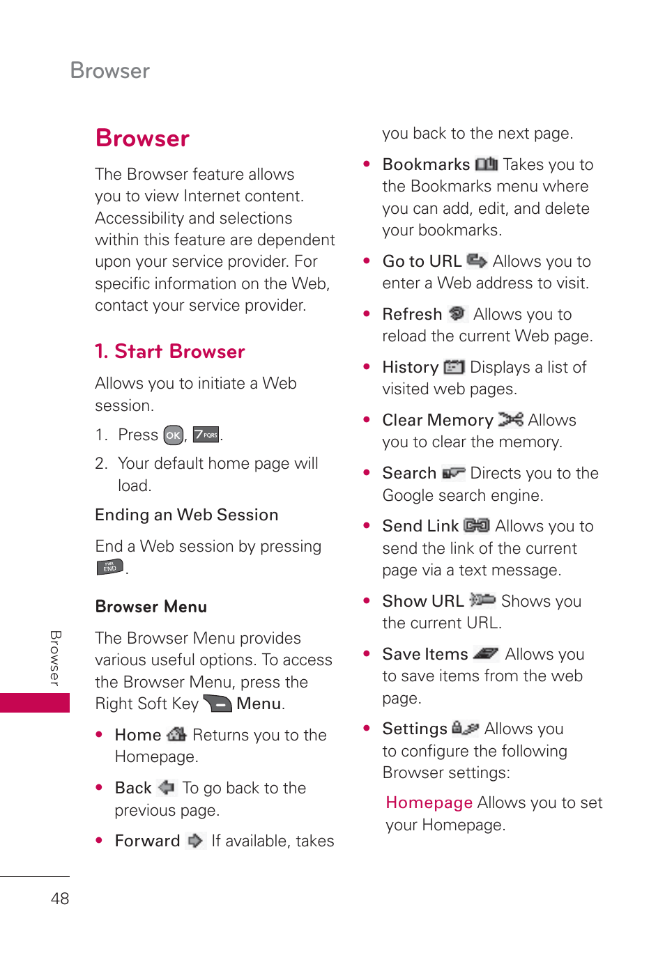 Browser, Start browser, Browser 48 | LG AN160 User Manual | Page 50 / 98