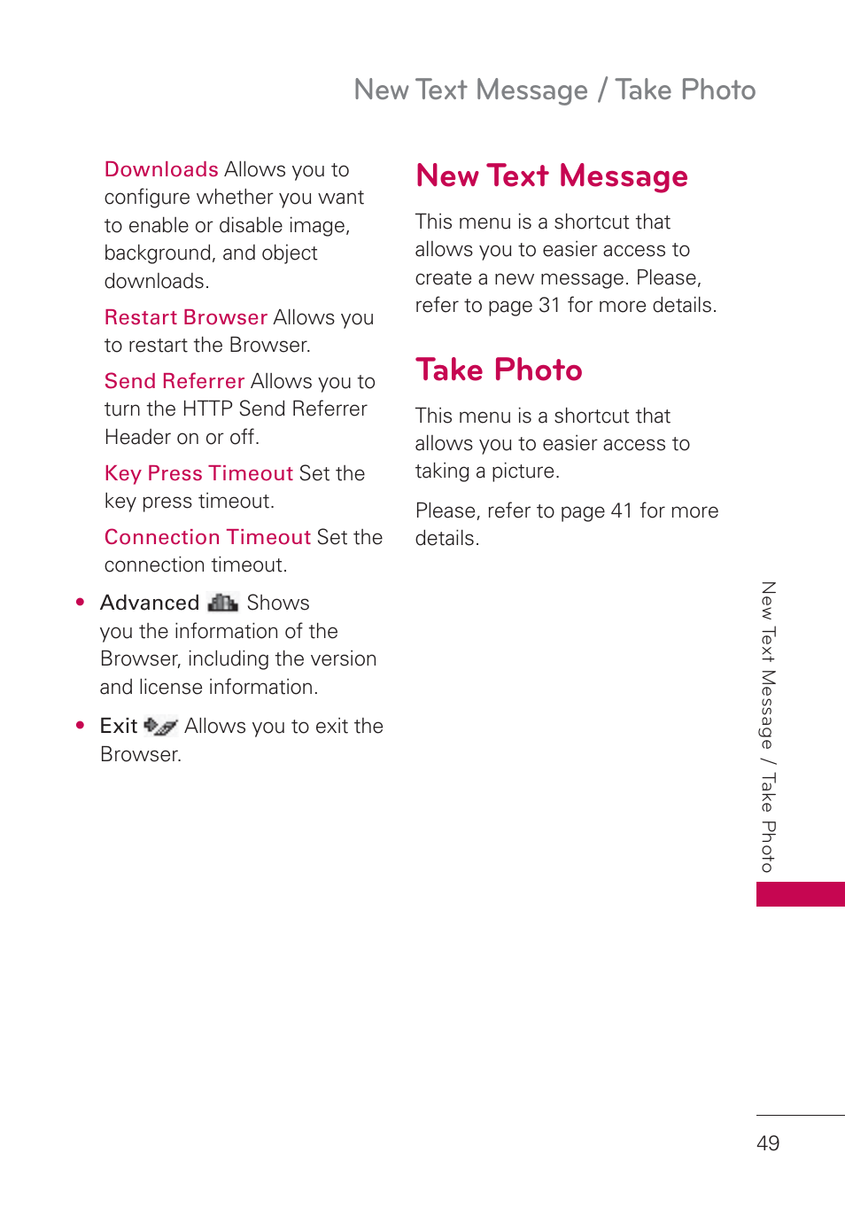 New text message, Take photo, New text message / take photo | LG AN160 User Manual | Page 51 / 98