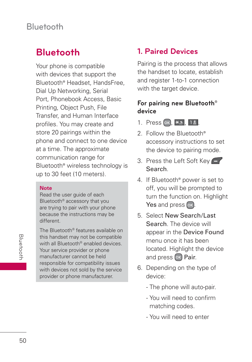 Bluetooth, Paired devices, For pairing new bluetooth® device | Bluetooth 50 | LG AN160 User Manual | Page 52 / 98