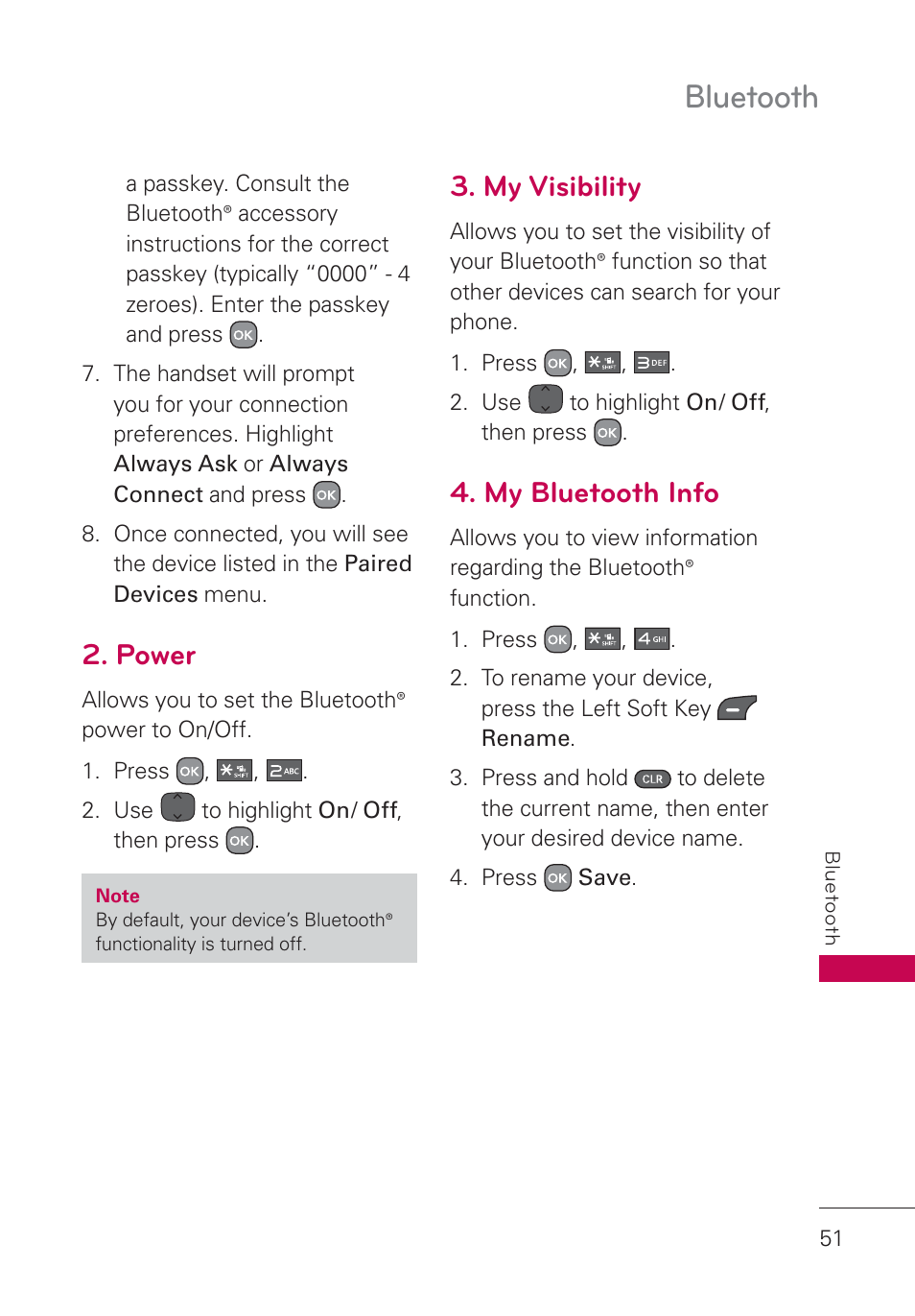 Power, My visibility, My bluetooth info | Bluetooth | LG AN160 User Manual | Page 53 / 98