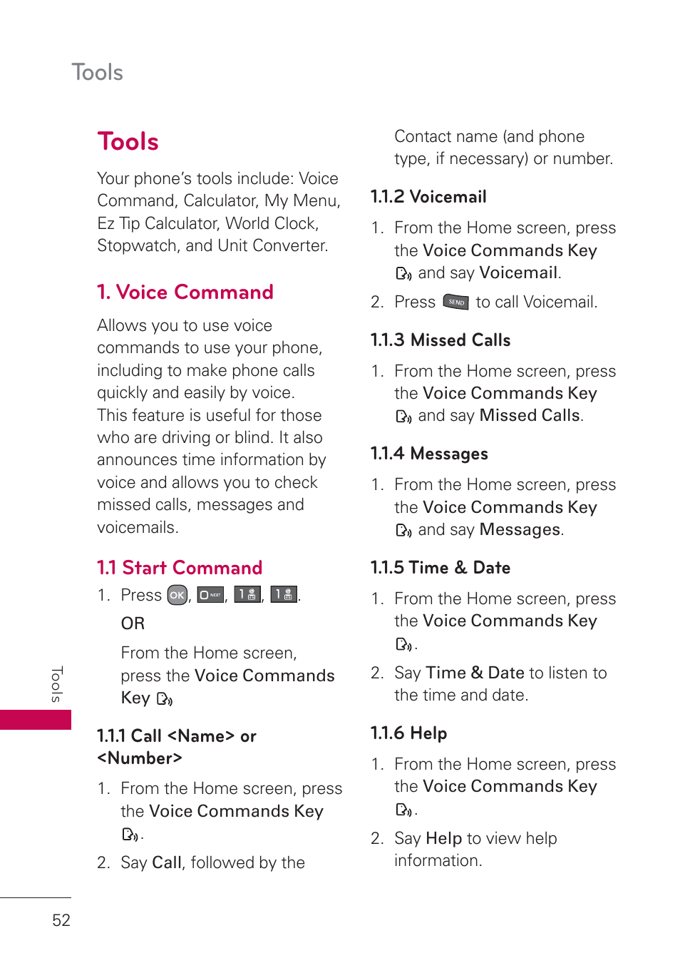 Tools, Voice command, 1 start command | 1 call <name> or <number, 2 voicemail, 3 missed calls, 4 messages, 5 time & date, 6 help, Tools 52 | LG AN160 User Manual | Page 54 / 98