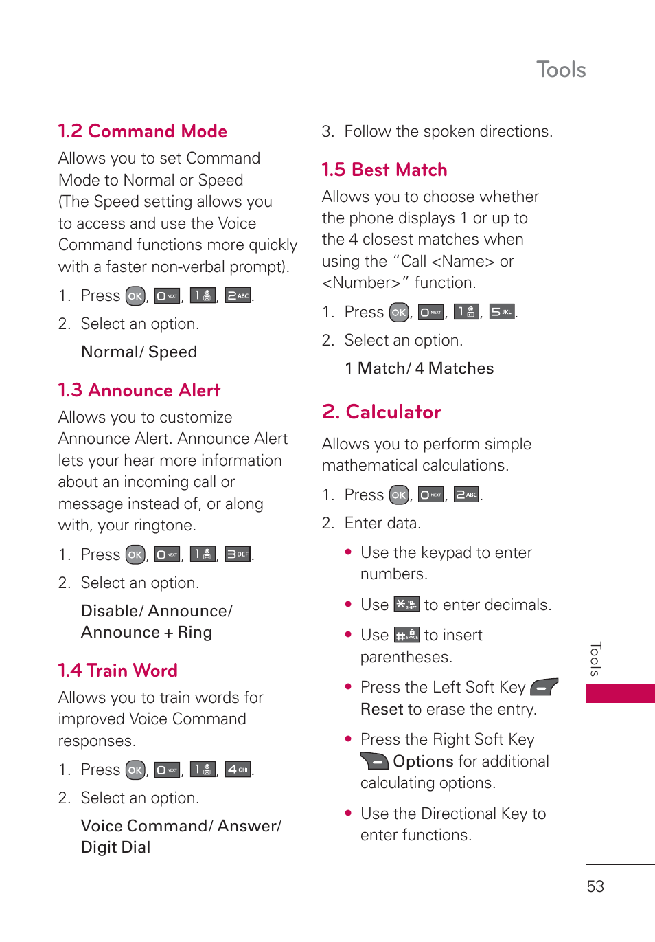 2 command mode, 3 announce alert, 4 train word | 5 best match, Calculator, Tools | LG AN160 User Manual | Page 55 / 98