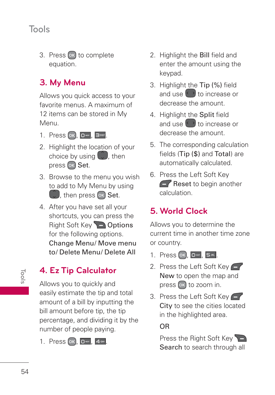 My menu, Ez tip calculator, World clock | Tools | LG AN160 User Manual | Page 56 / 98