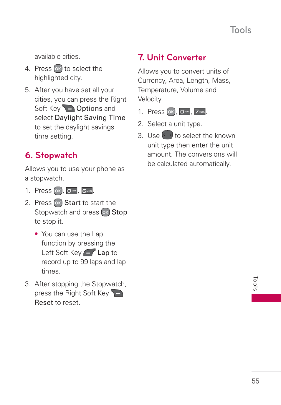 Stopwatch, Unit converter, Tools | LG AN160 User Manual | Page 57 / 98
