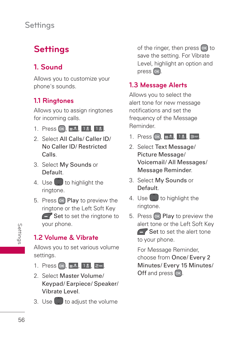 Settings, Sound, 1 ringtones | 2 volume & vibrate, 3 message alerts, Settings 56 | LG AN160 User Manual | Page 58 / 98