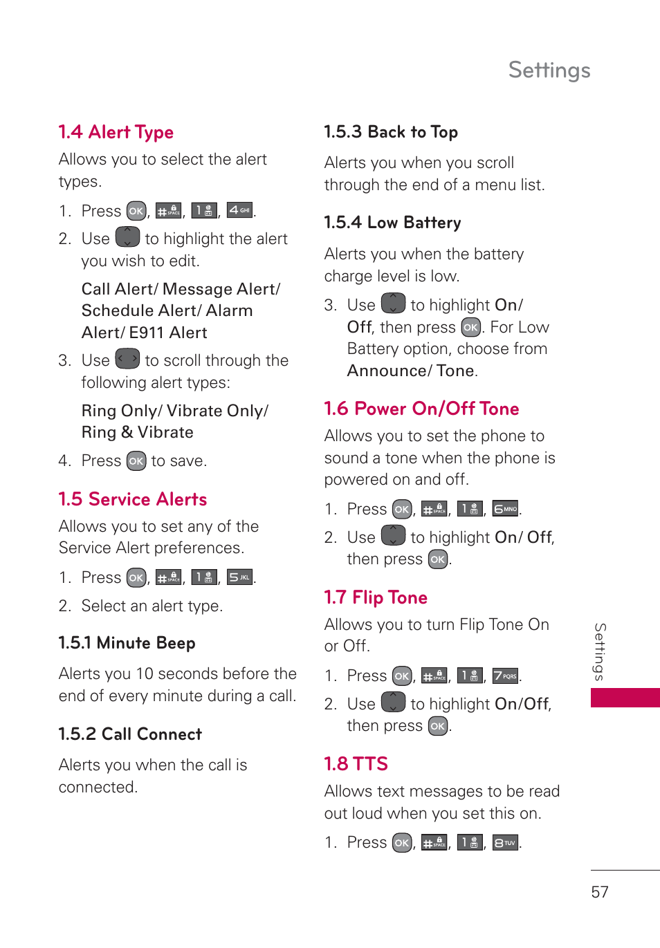 4 alert type, 5 service alerts, 6 power on/off tone | 7 flip tone, 8 tts, Settings | LG AN160 User Manual | Page 59 / 98