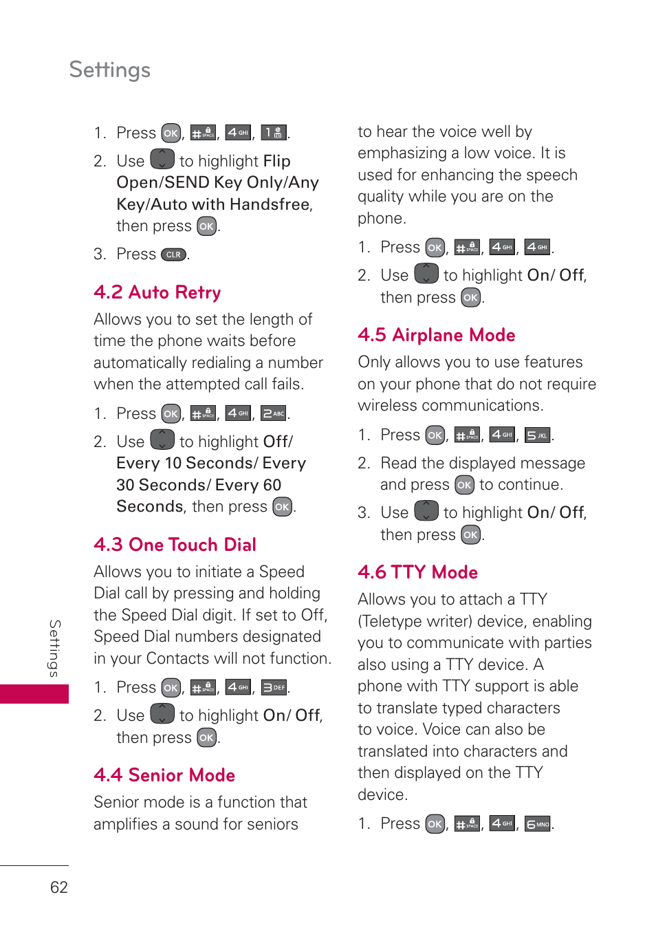 2 auto retry, 3 one touch dial, 4 senior mode | 5 airplane mode, 6 tty mode, Settings | LG AN160 User Manual | Page 64 / 98