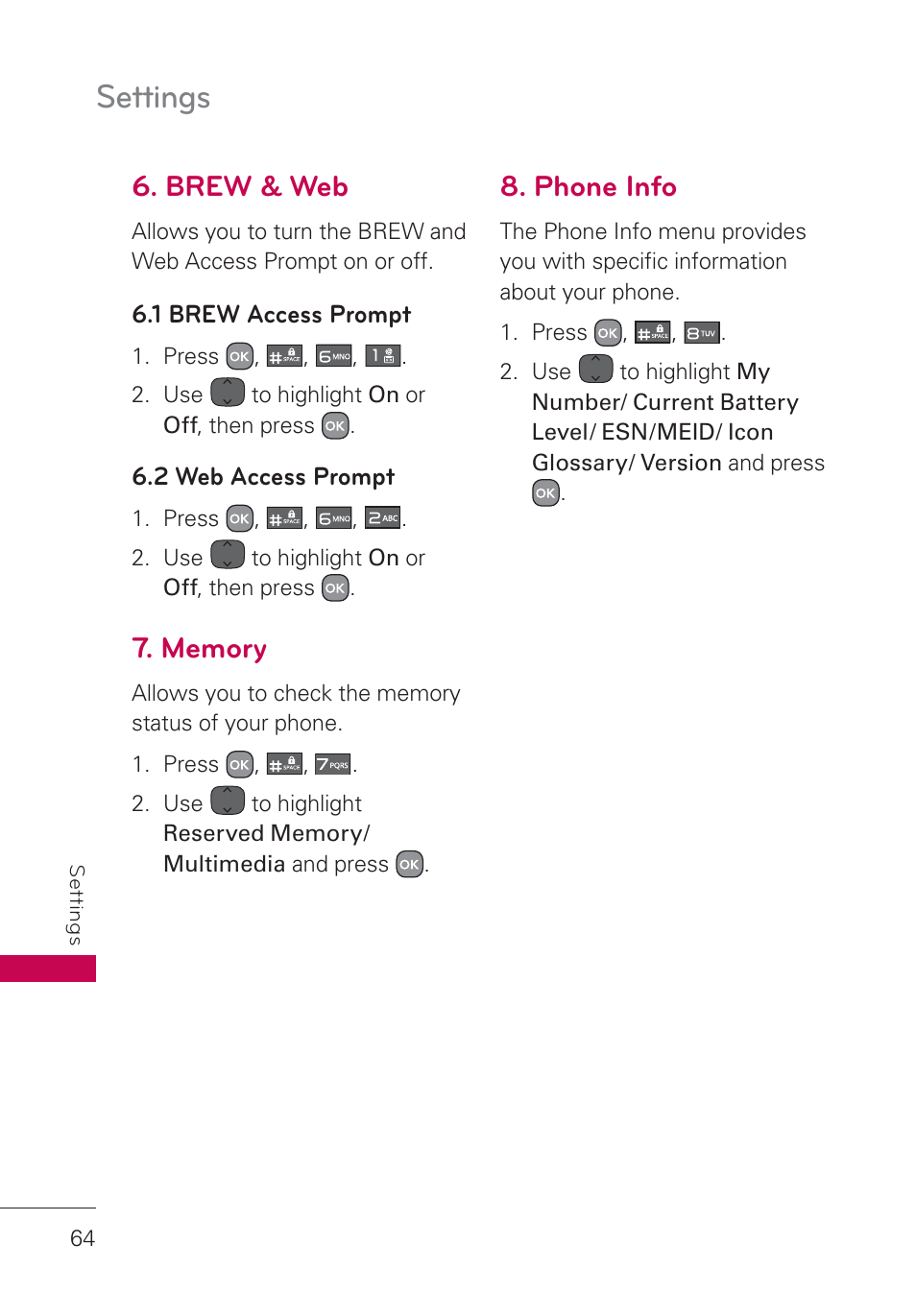 Brew & web, 1 brew access prompt, 2 web access prompt | Memory, Phone info, Settings | LG AN160 User Manual | Page 66 / 98