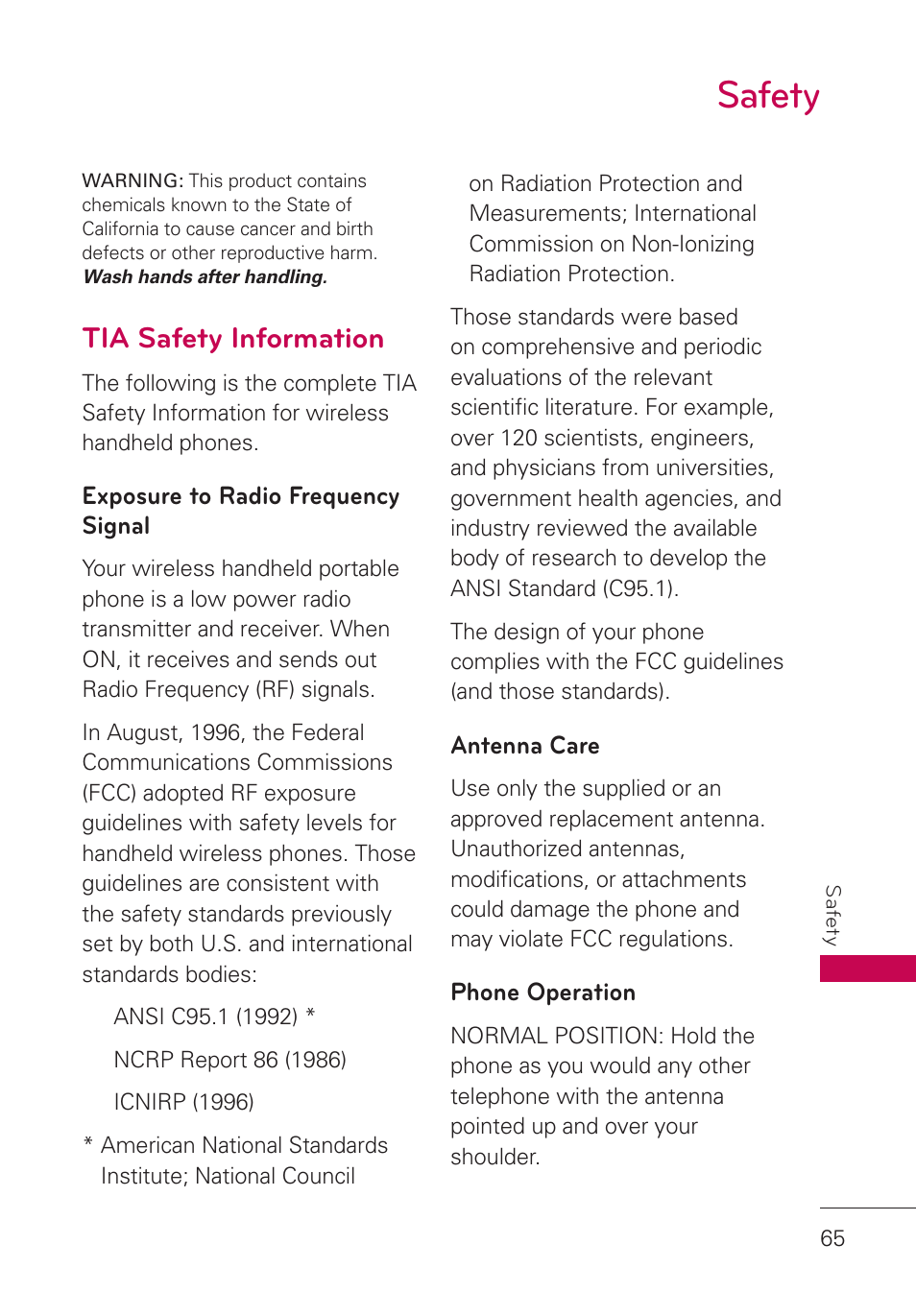 Safety, Tia safety information, Exposure to radio frequency signal | Antenna care, Phone operation, Safety 65, Exposure to, Radio frequency signal | LG AN160 User Manual | Page 67 / 98