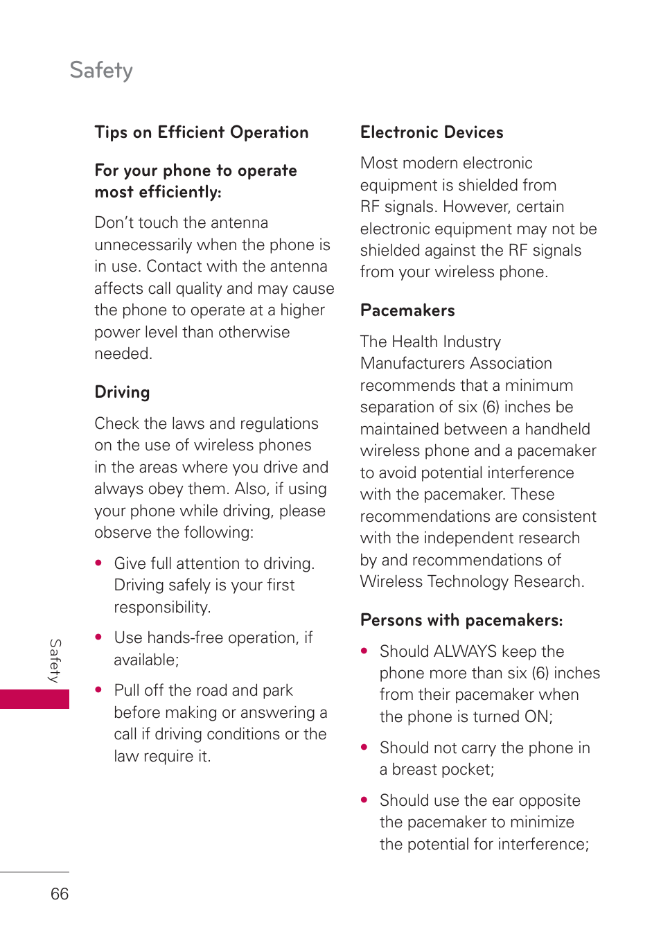 Tips on efficient operation, For your phone to operate most efficiently, Driving | Electronic devices, Pacemakers, Persons with pacemakers, Tips on efﬁcient operation, For your phone to operate most, Efﬁciently, Safety | LG AN160 User Manual | Page 68 / 98