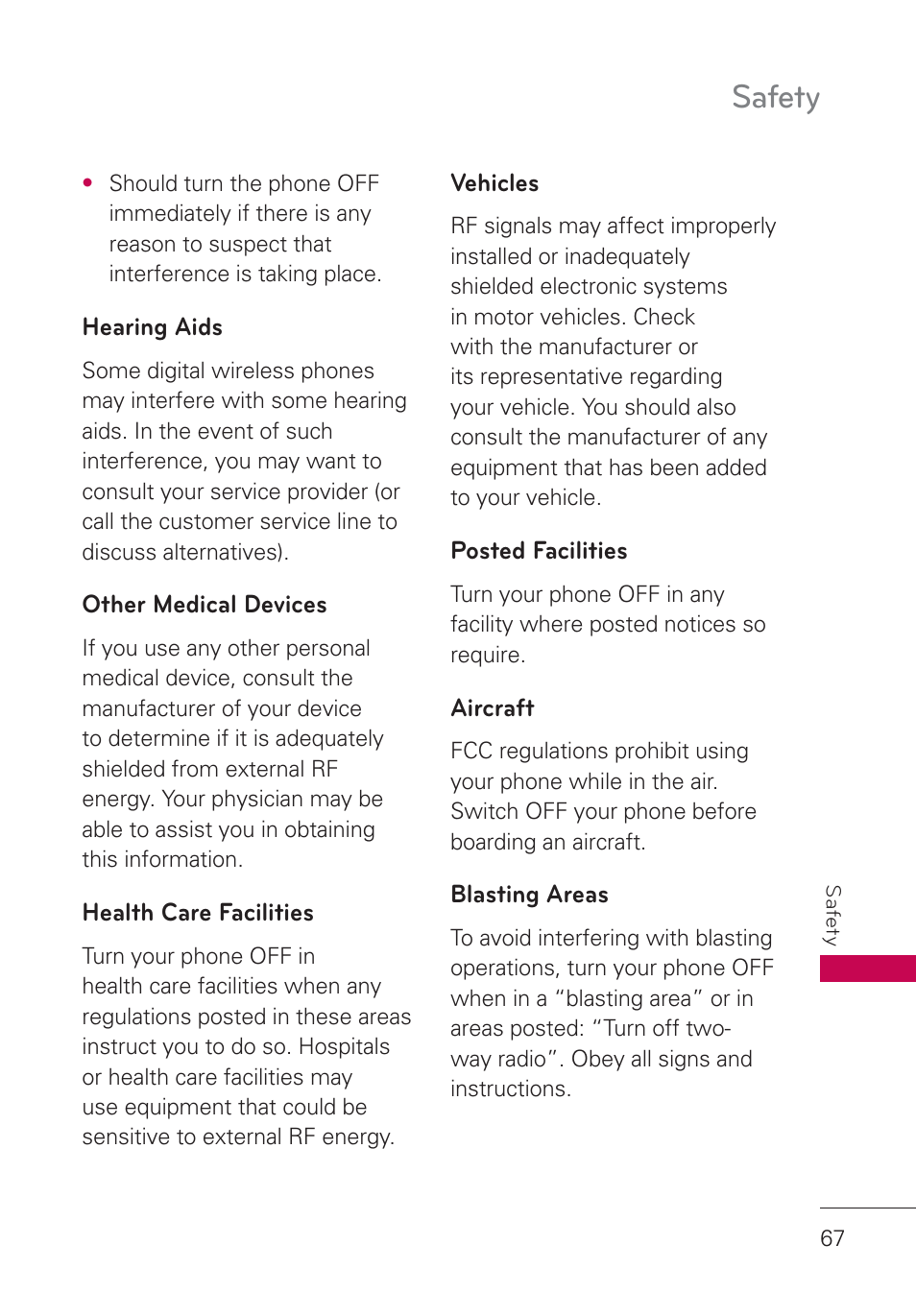 Hearing aids, Other medical devices, Health care facilities | Vehicles, Posted facilities, Aircraft, Blasting areas, Safety | LG AN160 User Manual | Page 69 / 98