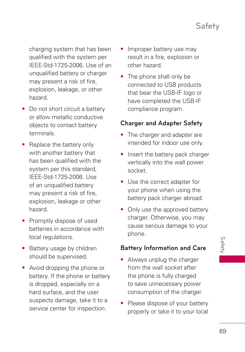 Charger and adapter safety, Battery information and care, Safety | LG AN160 User Manual | Page 71 / 98