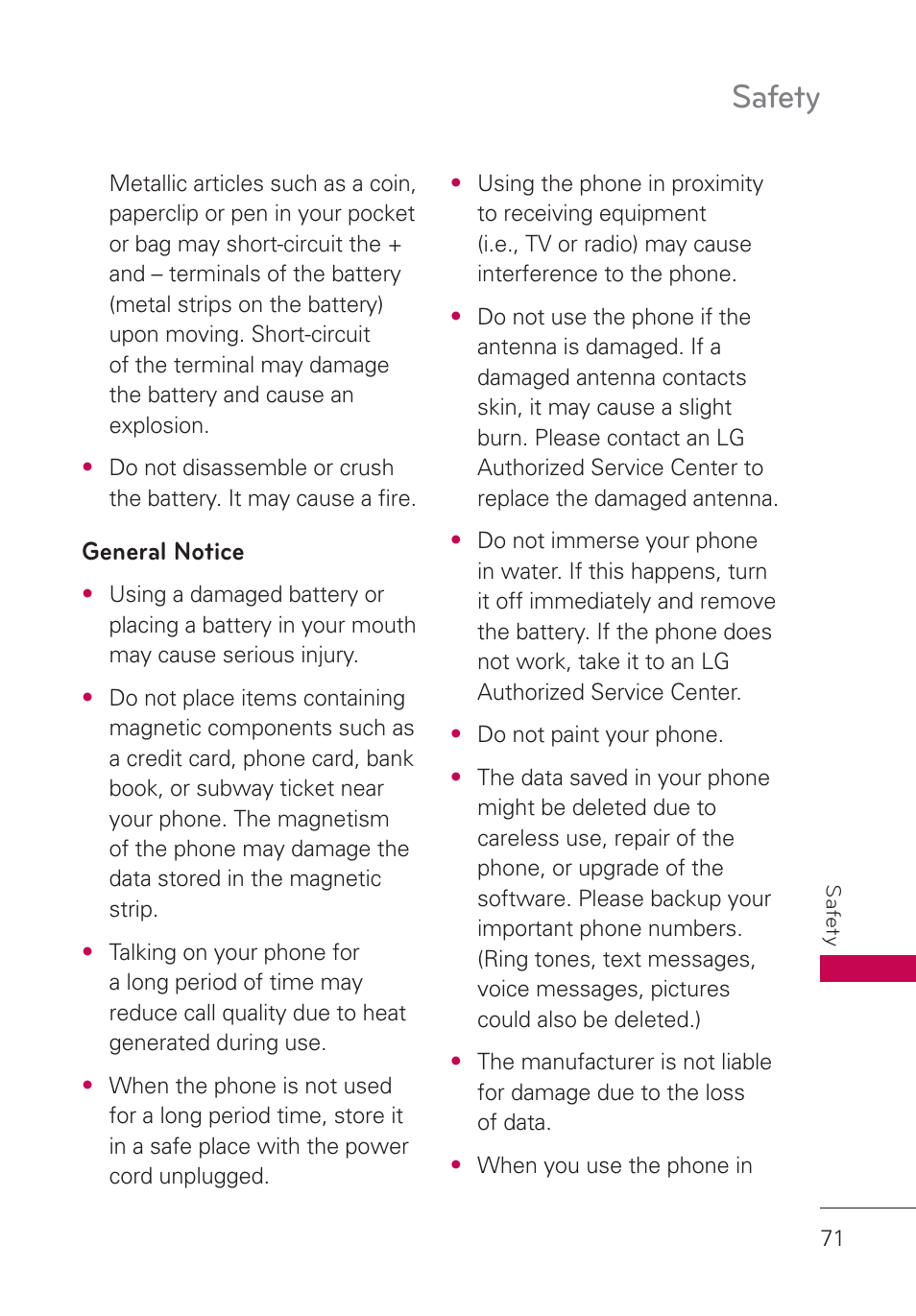 General notice, Safety | LG AN160 User Manual | Page 73 / 98