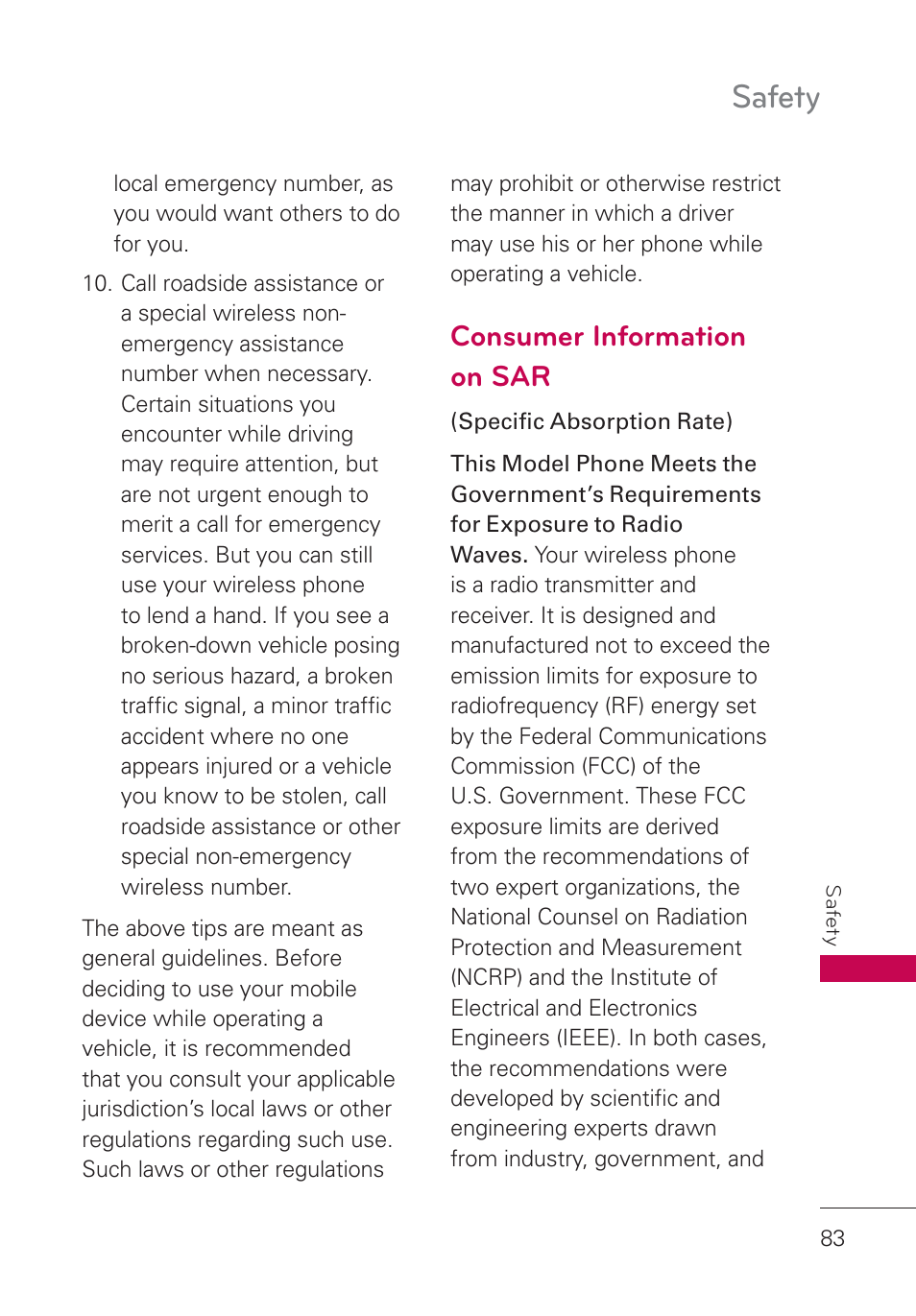 Consumer information on sar, Safety | LG AN160 User Manual | Page 85 / 98