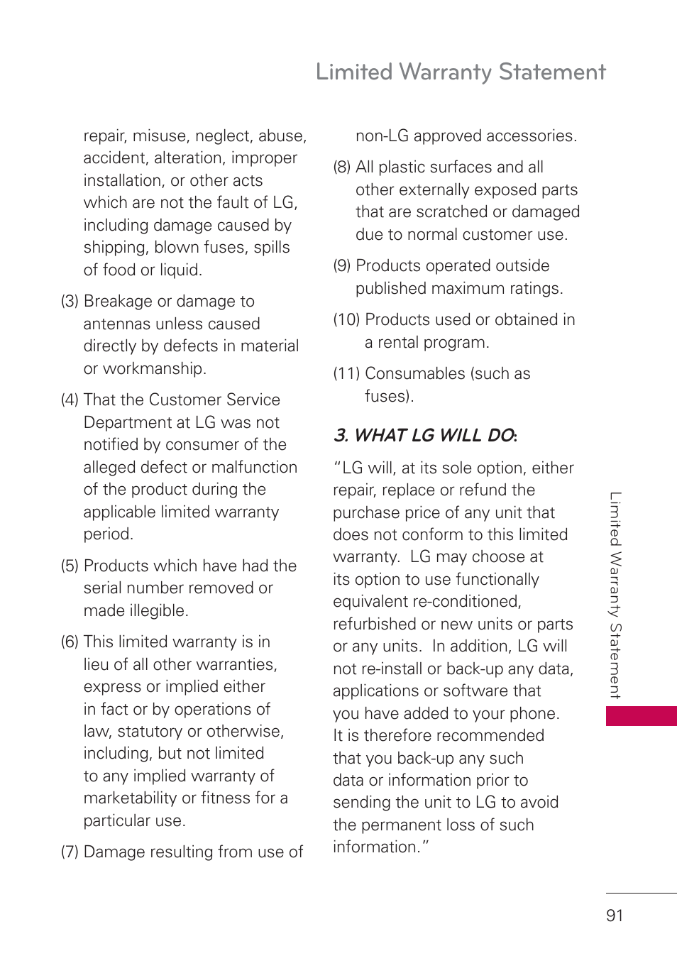 Limited warranty statement, What lg will do | LG AN160 User Manual | Page 93 / 98
