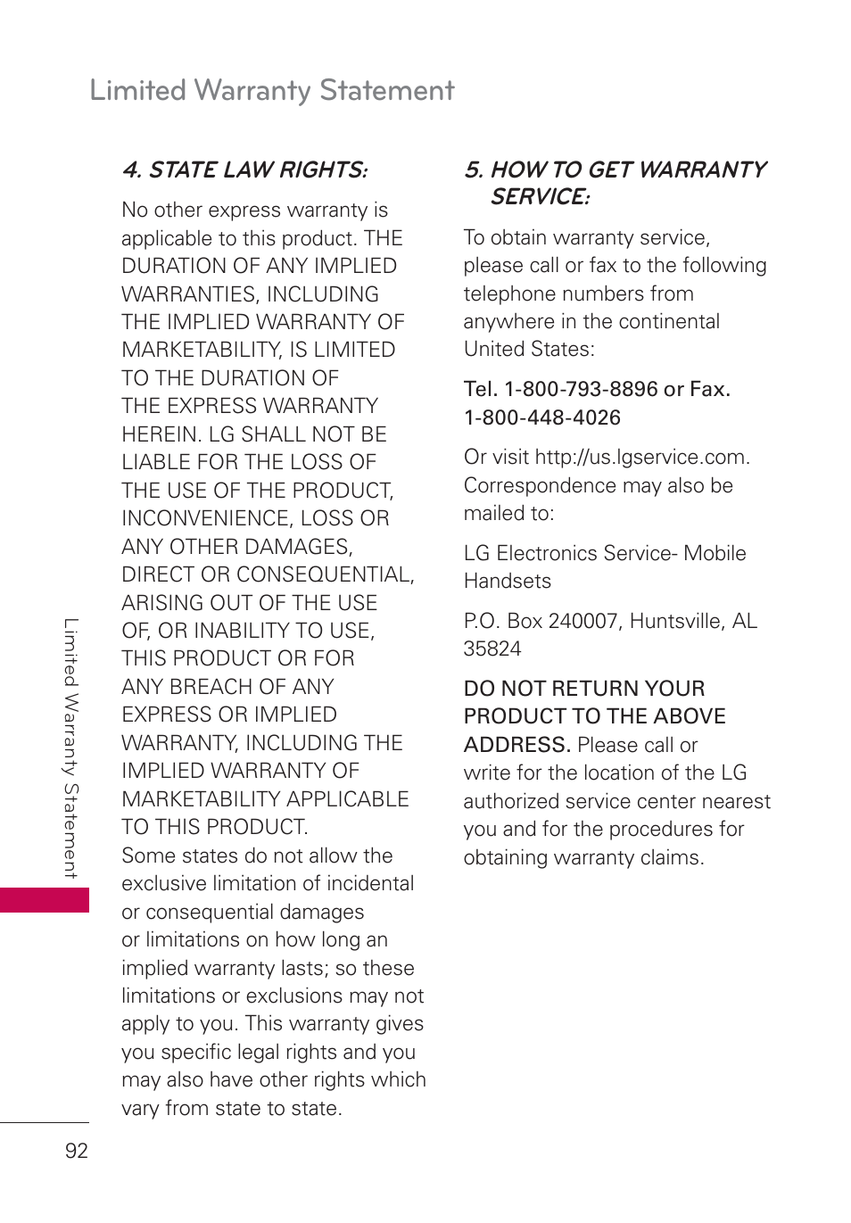 Limited warranty statement | LG AN160 User Manual | Page 94 / 98