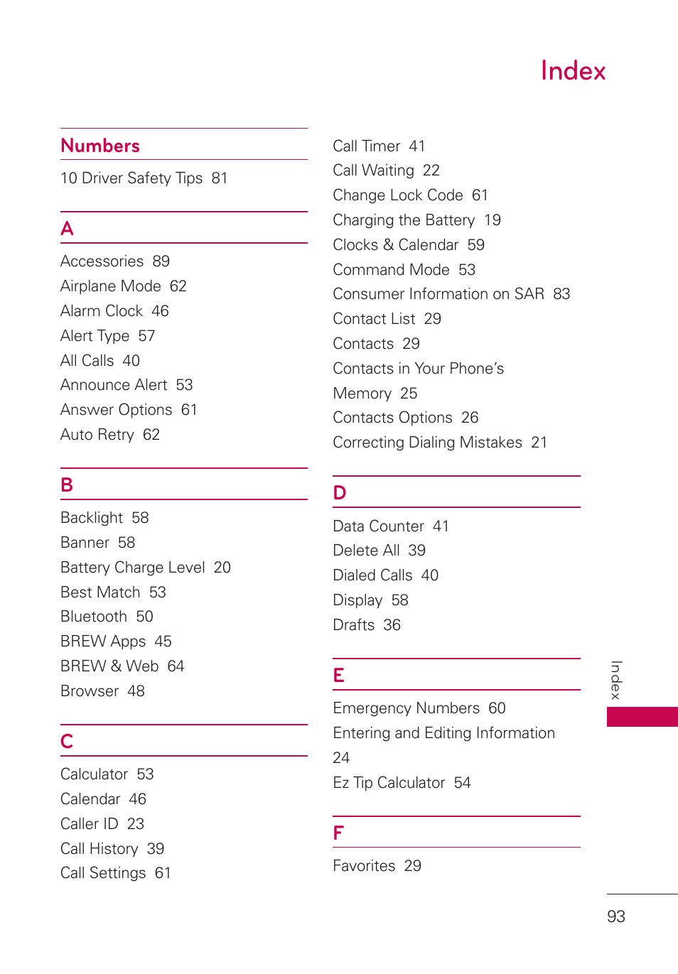 Index, Numbers | LG AN160 User Manual | Page 95 / 98