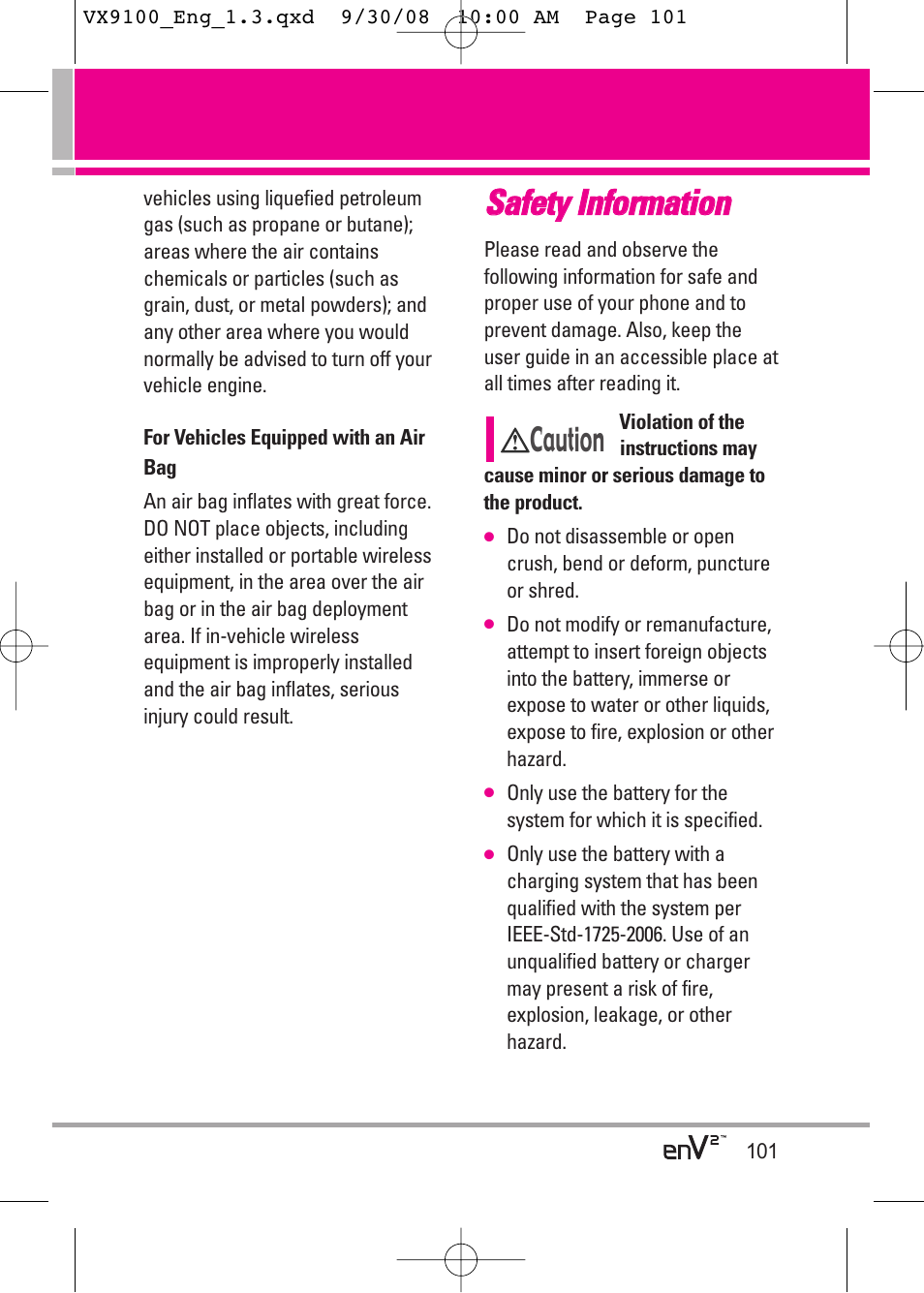 Ssa affe ettyy iin nffo orrm ma attiio on n, Caution | LG LGVX9100LK User Manual | Page 101 / 130