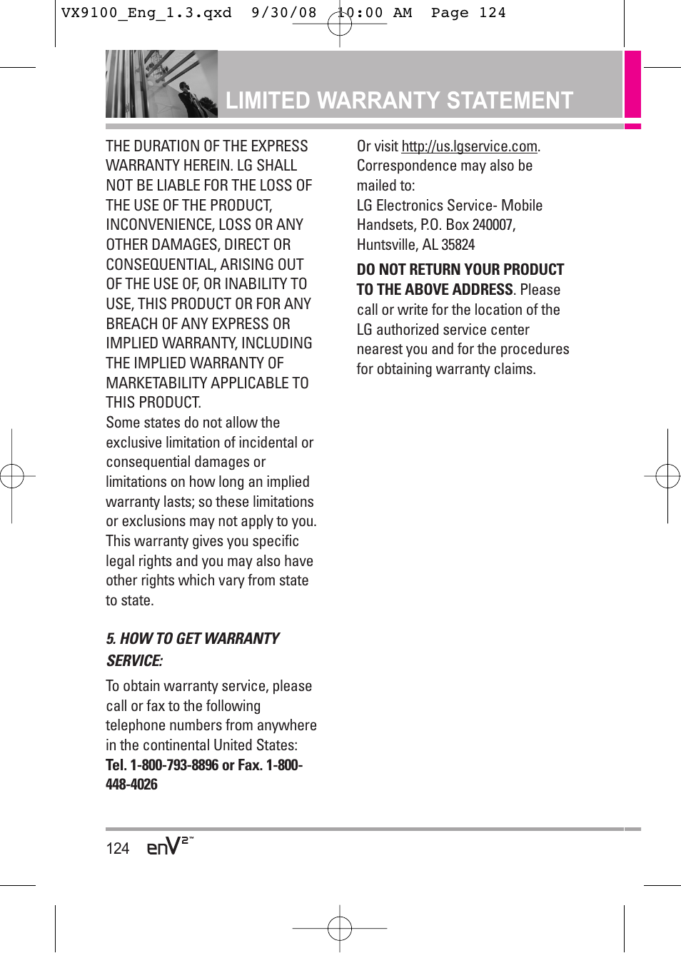 Limited warranty statement | LG LGVX9100LK User Manual | Page 124 / 130