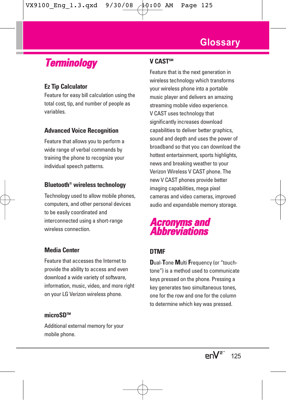 Tte errm miin no ollo og gyy, Glossary | LG LGVX9100LK User Manual | Page 125 / 130