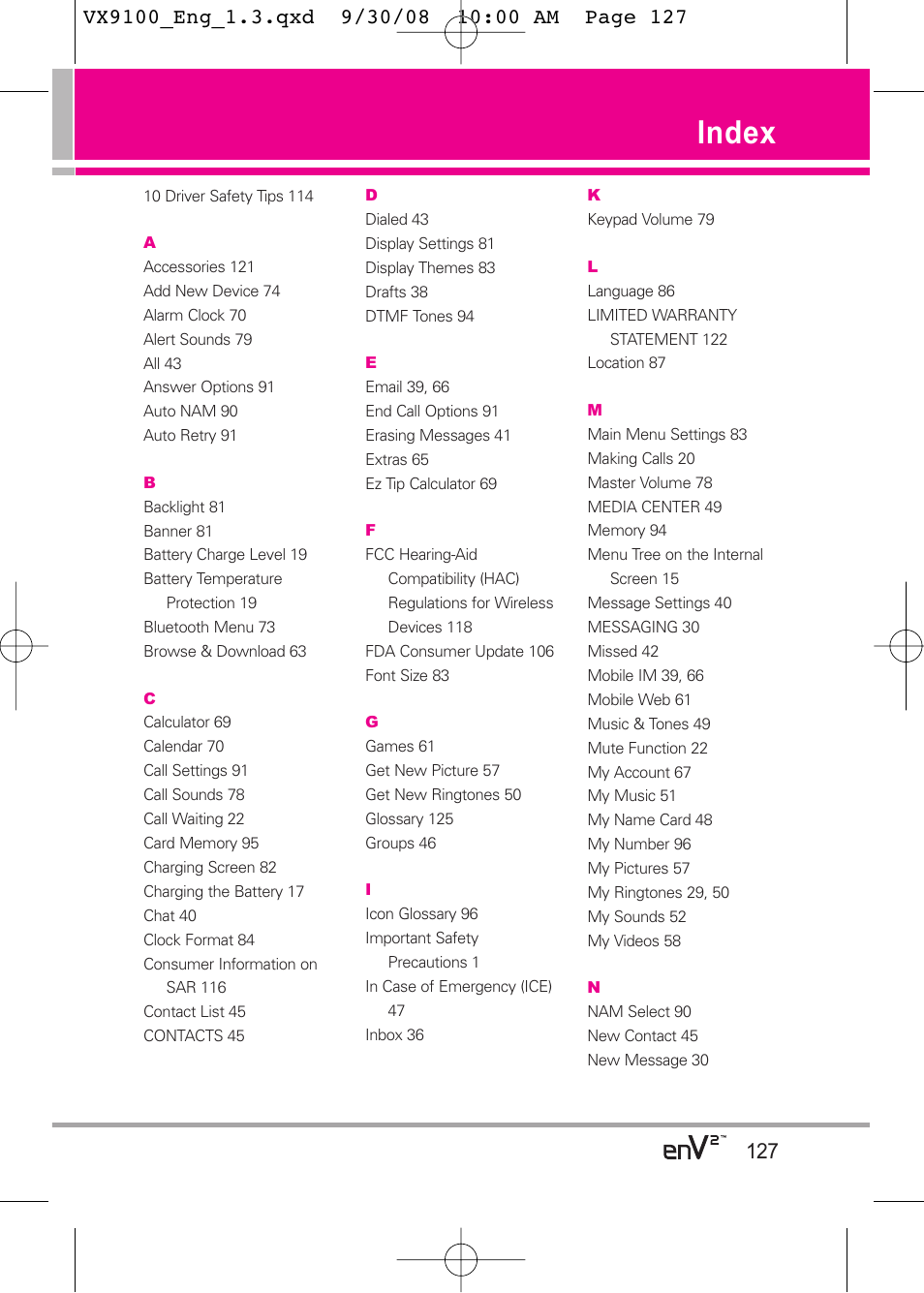 Index | LG LGVX9100LK User Manual | Page 127 / 130