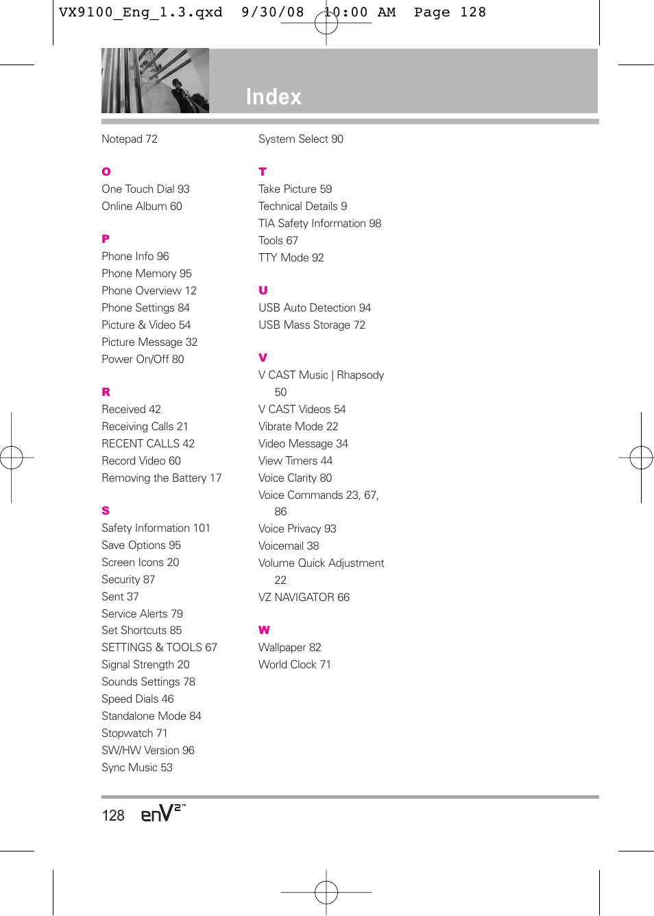 Index | LG LGVX9100LK User Manual | Page 128 / 130