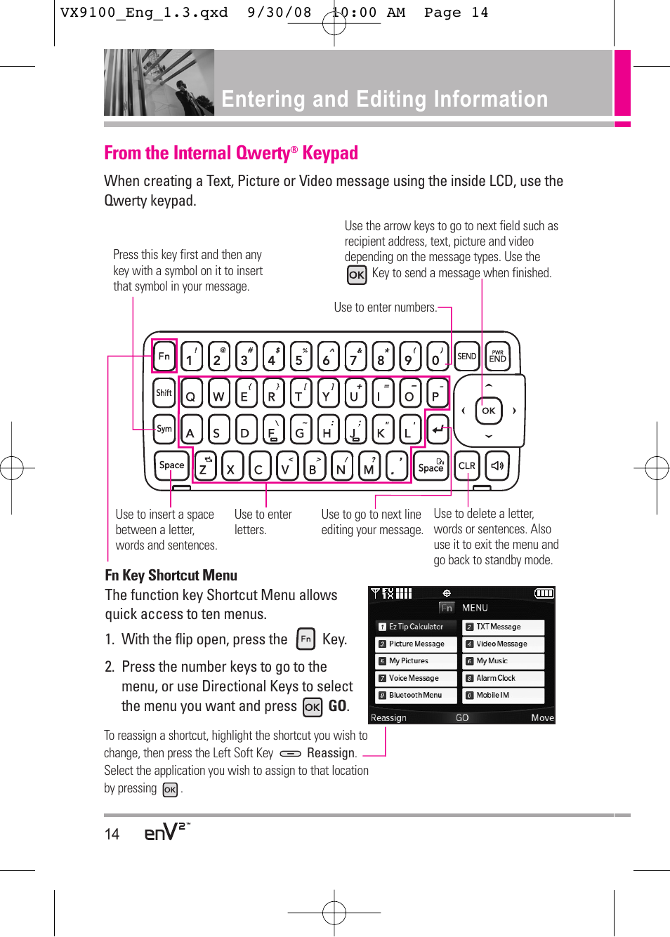Entering and editing information, Keypad | LG LGVX9100LK User Manual | Page 14 / 130