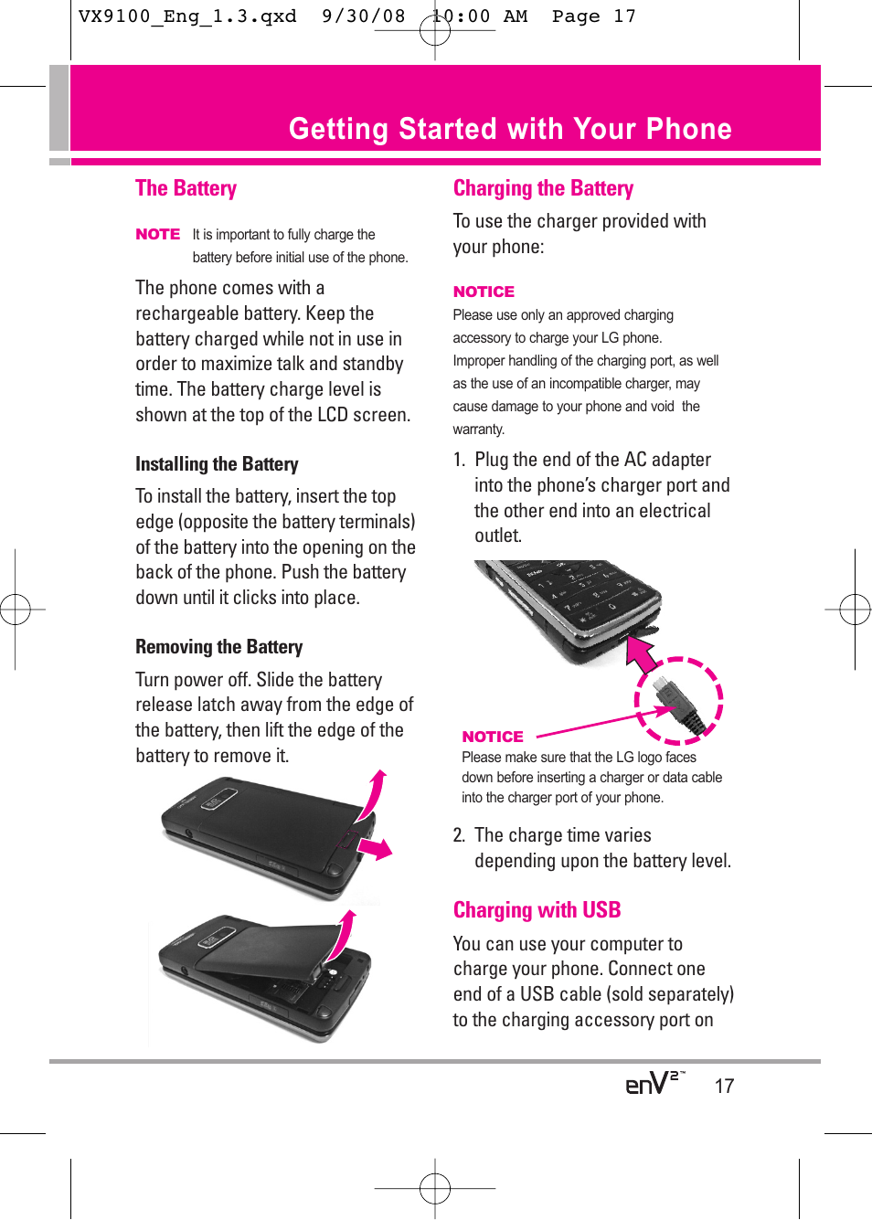 Getting started with your phone, The battery, Charging the battery | Charging with usb | LG LGVX9100LK User Manual | Page 17 / 130