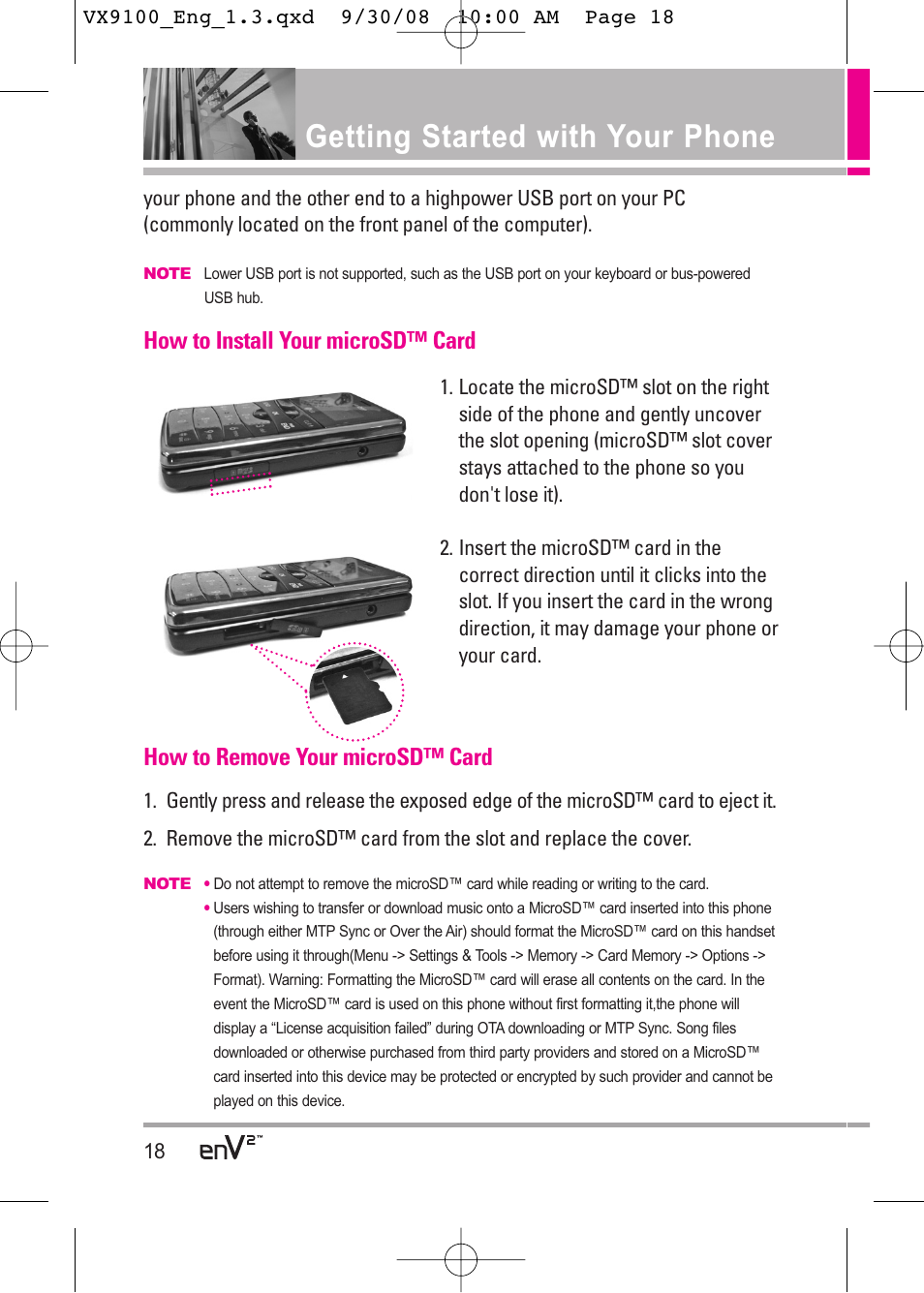 Getting started with your phone, How to install your microsd™ card, How to remove your microsd™ card | LG LGVX9100LK User Manual | Page 18 / 130