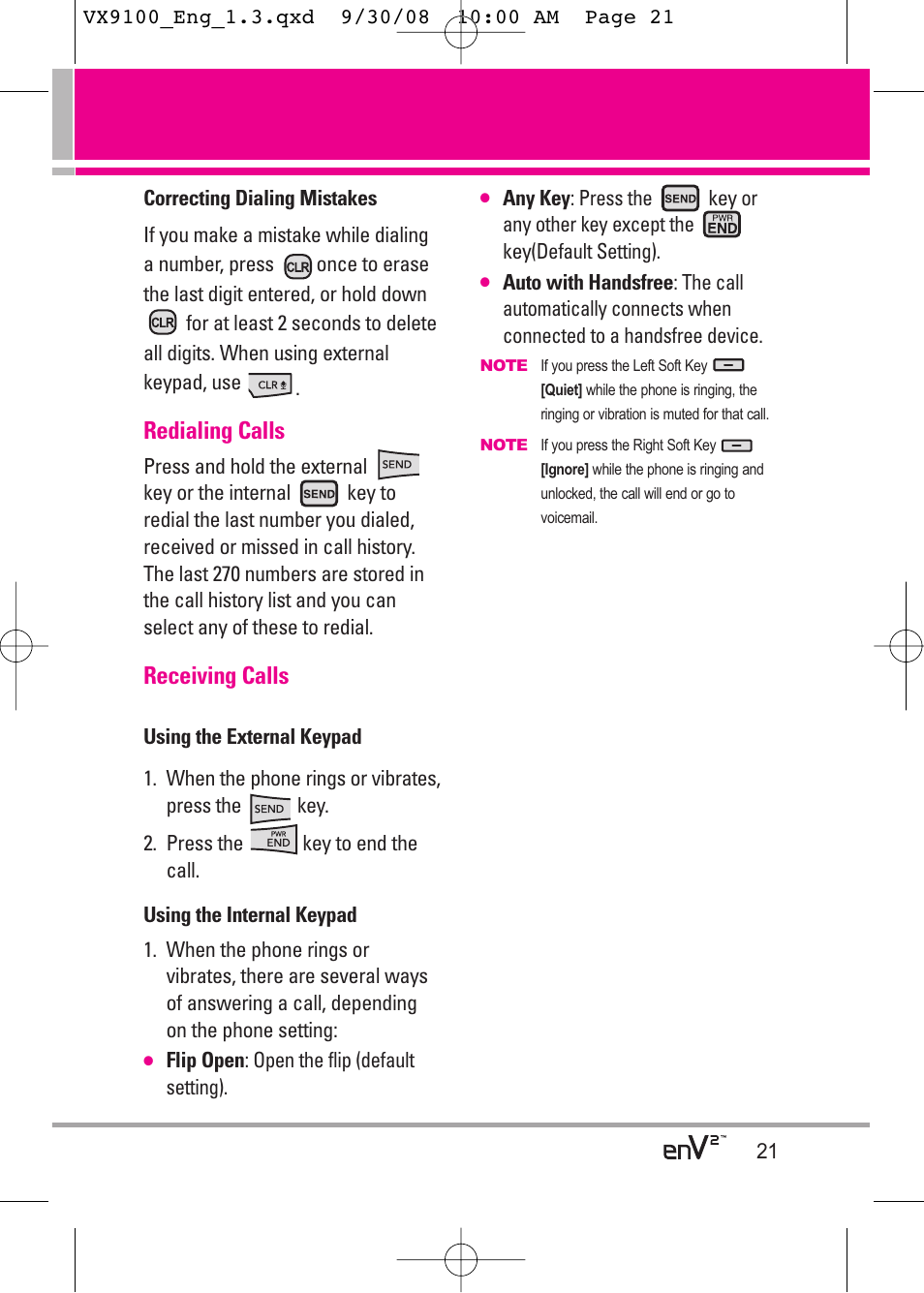 Redialing calls, Receiving calls | LG LGVX9100LK User Manual | Page 21 / 130