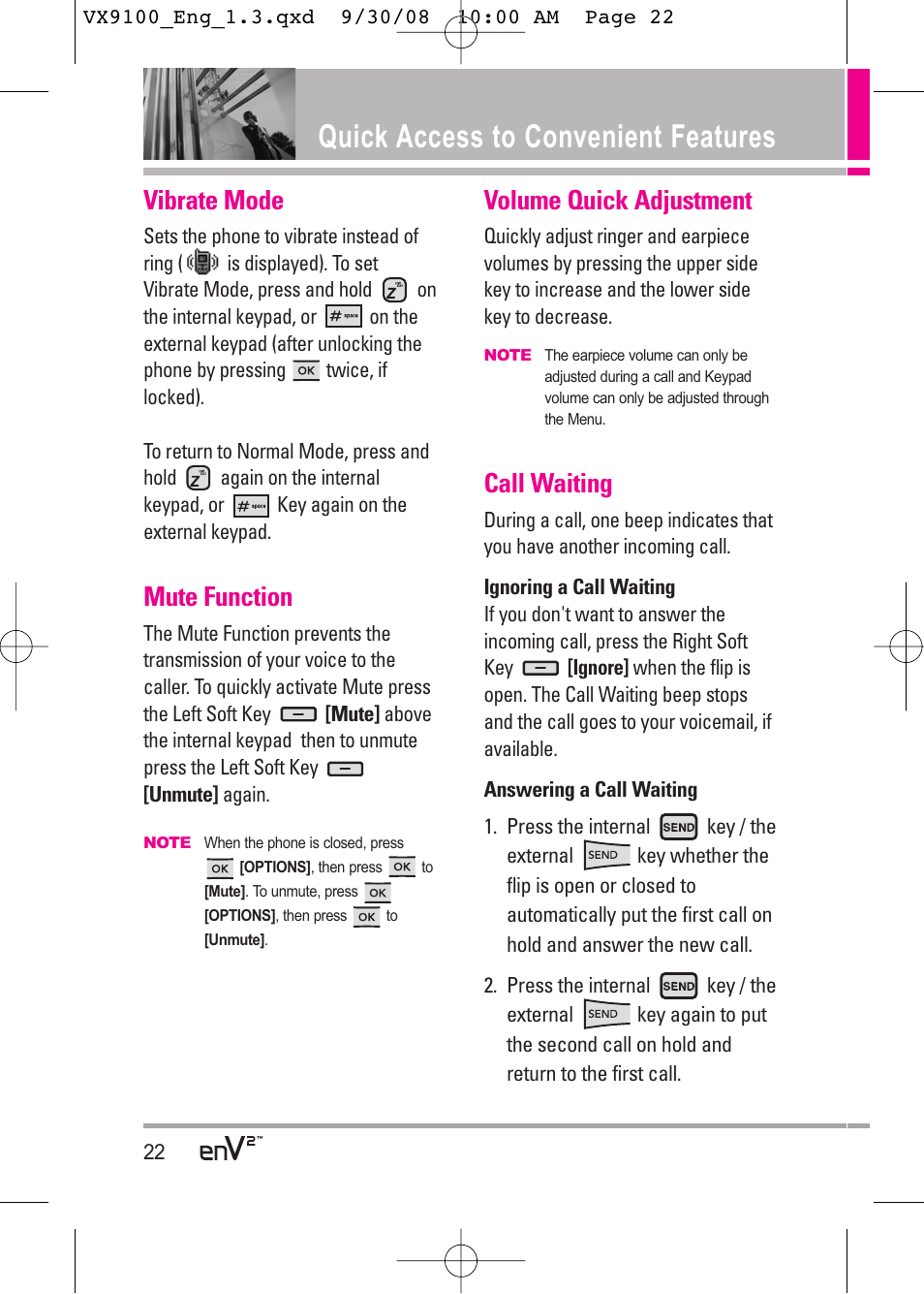 Quick access to convenient features, Vibrate mode, Mute function | Volume quick adjustment, Call waiting | LG LGVX9100LK User Manual | Page 22 / 130