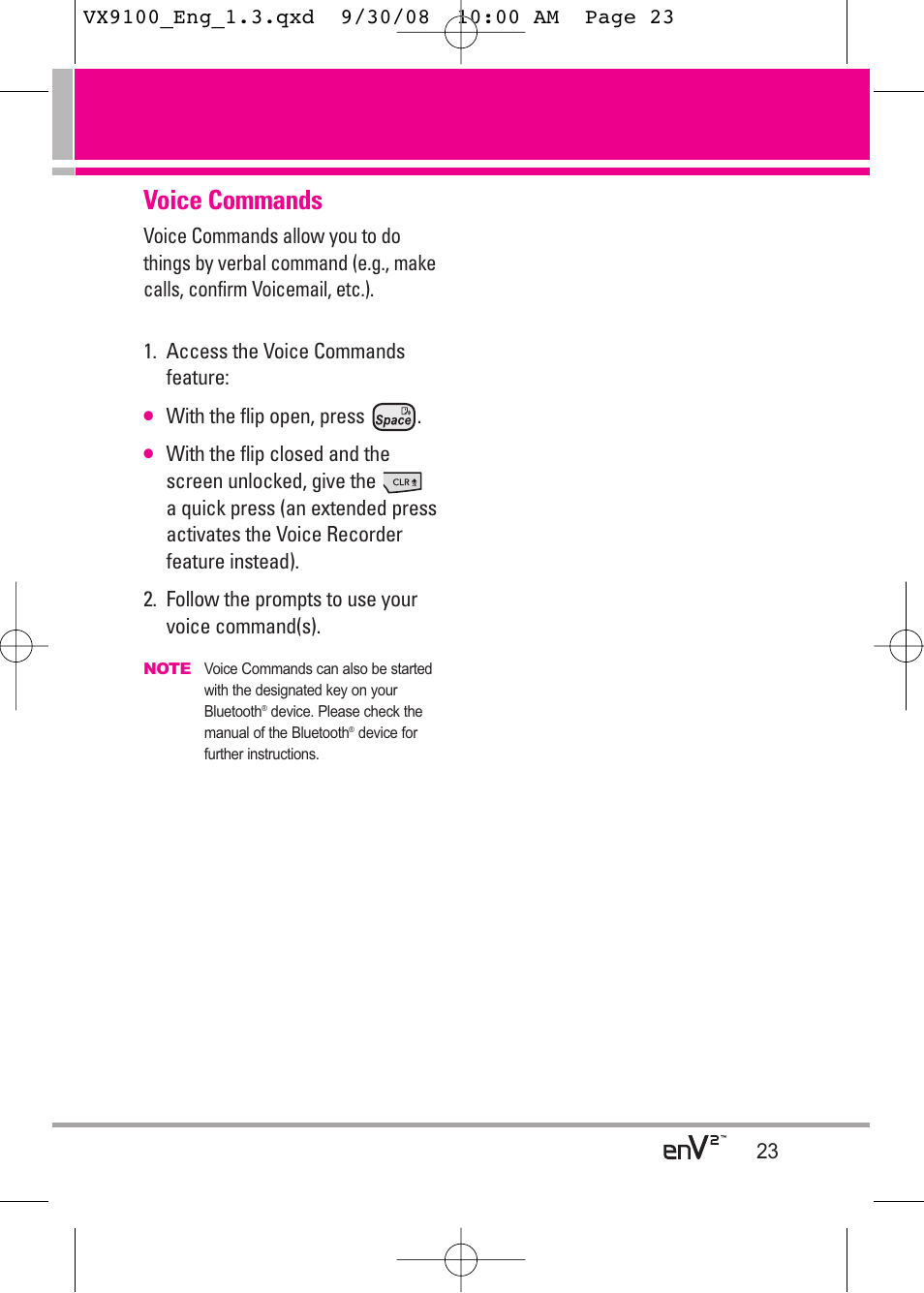 Voice commands, With the flip open, press | LG LGVX9100LK User Manual | Page 23 / 130