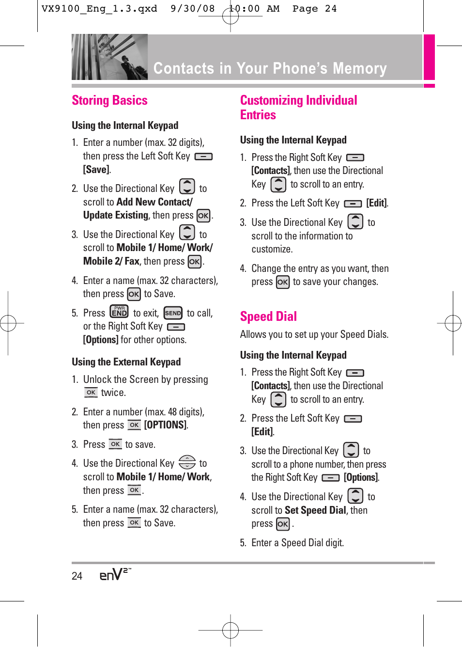 Storing basics, Customizing individual entries, Speed dial | LG LGVX9100LK User Manual | Page 24 / 130