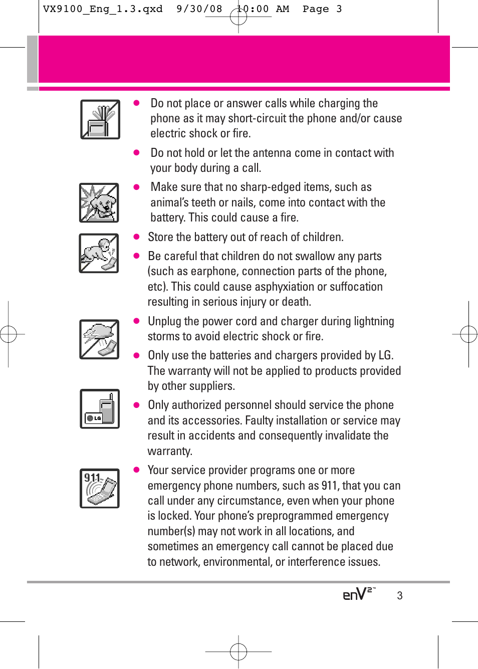 Store the battery out of reach of children | LG LGVX9100LK User Manual | Page 3 / 130