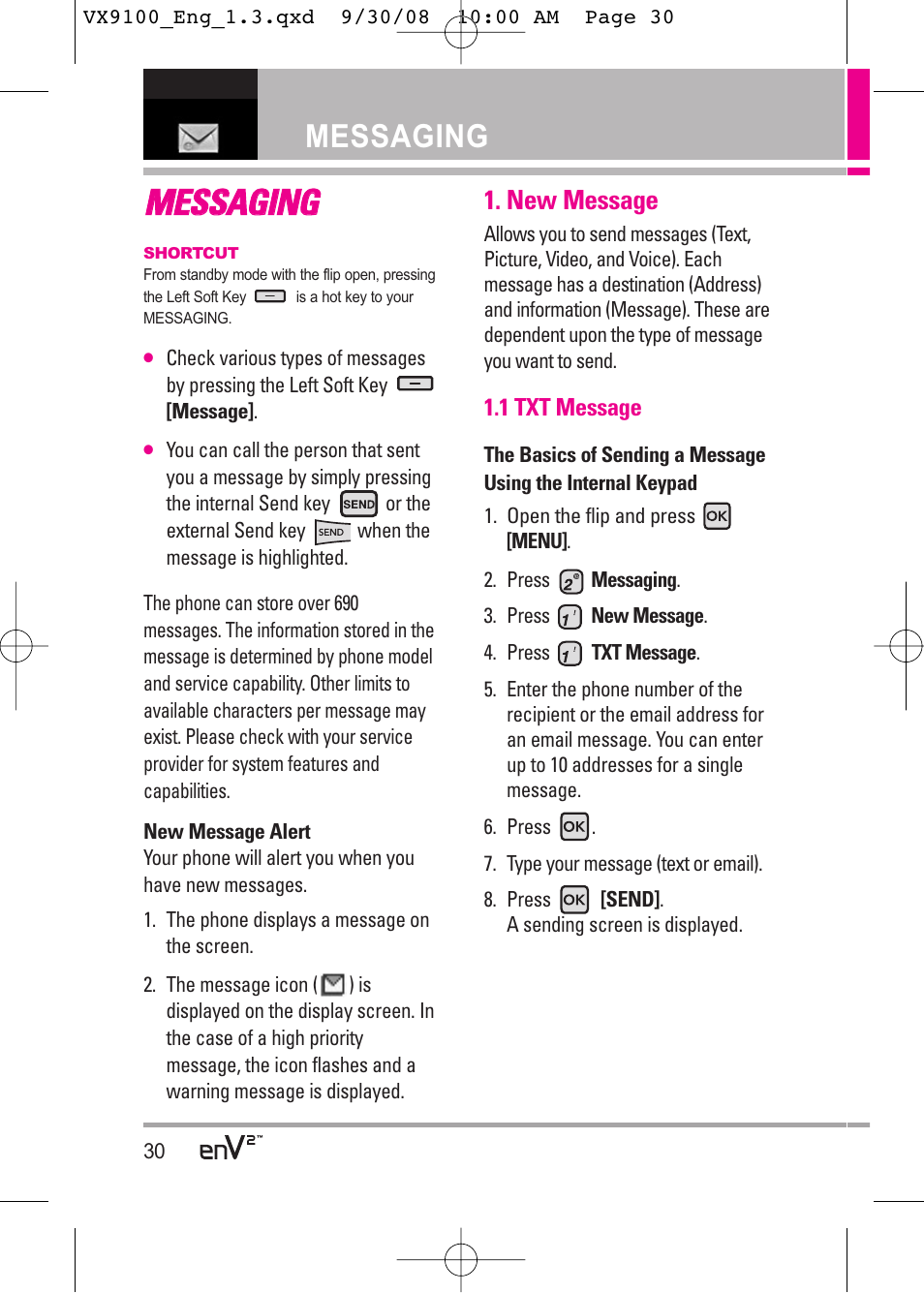 Mme es ss sa ag giin ng g, Messaging | LG LGVX9100LK User Manual | Page 30 / 130