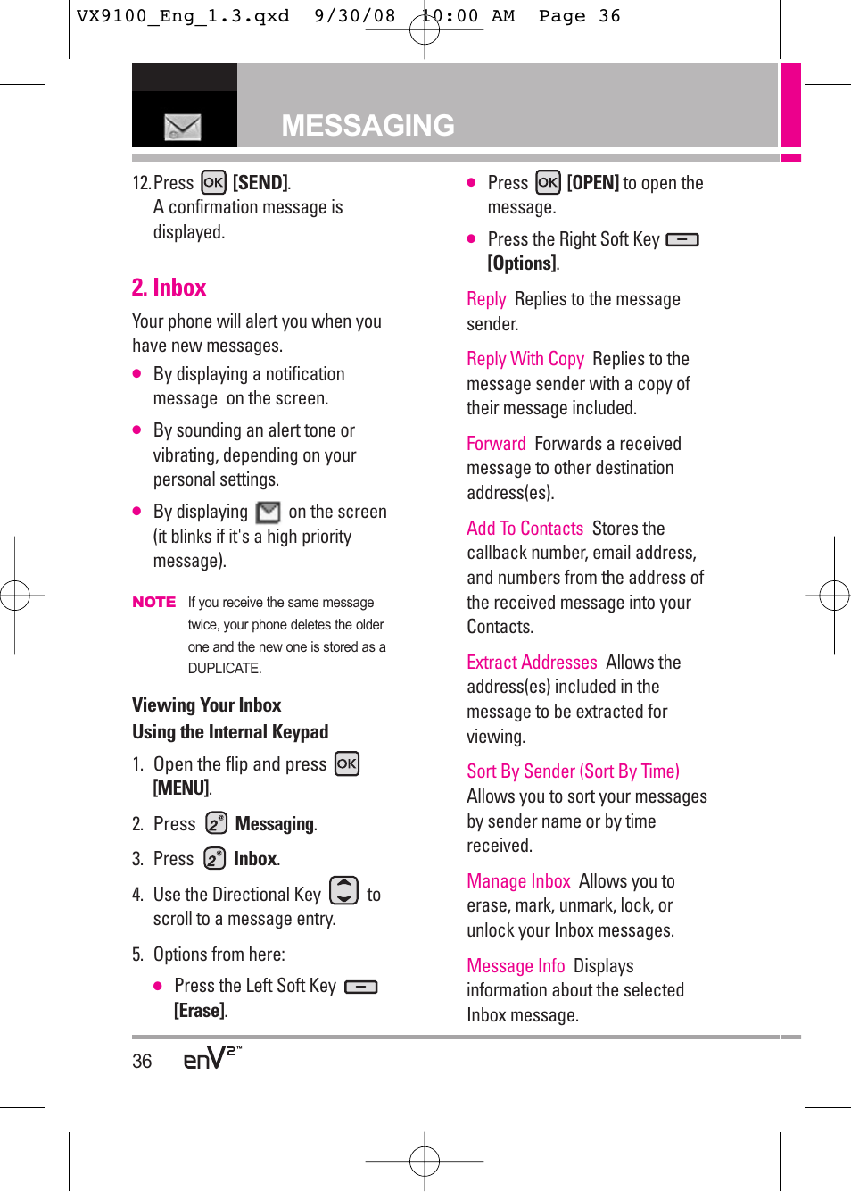 Messaging, Inbox | LG LGVX9100LK User Manual | Page 36 / 130