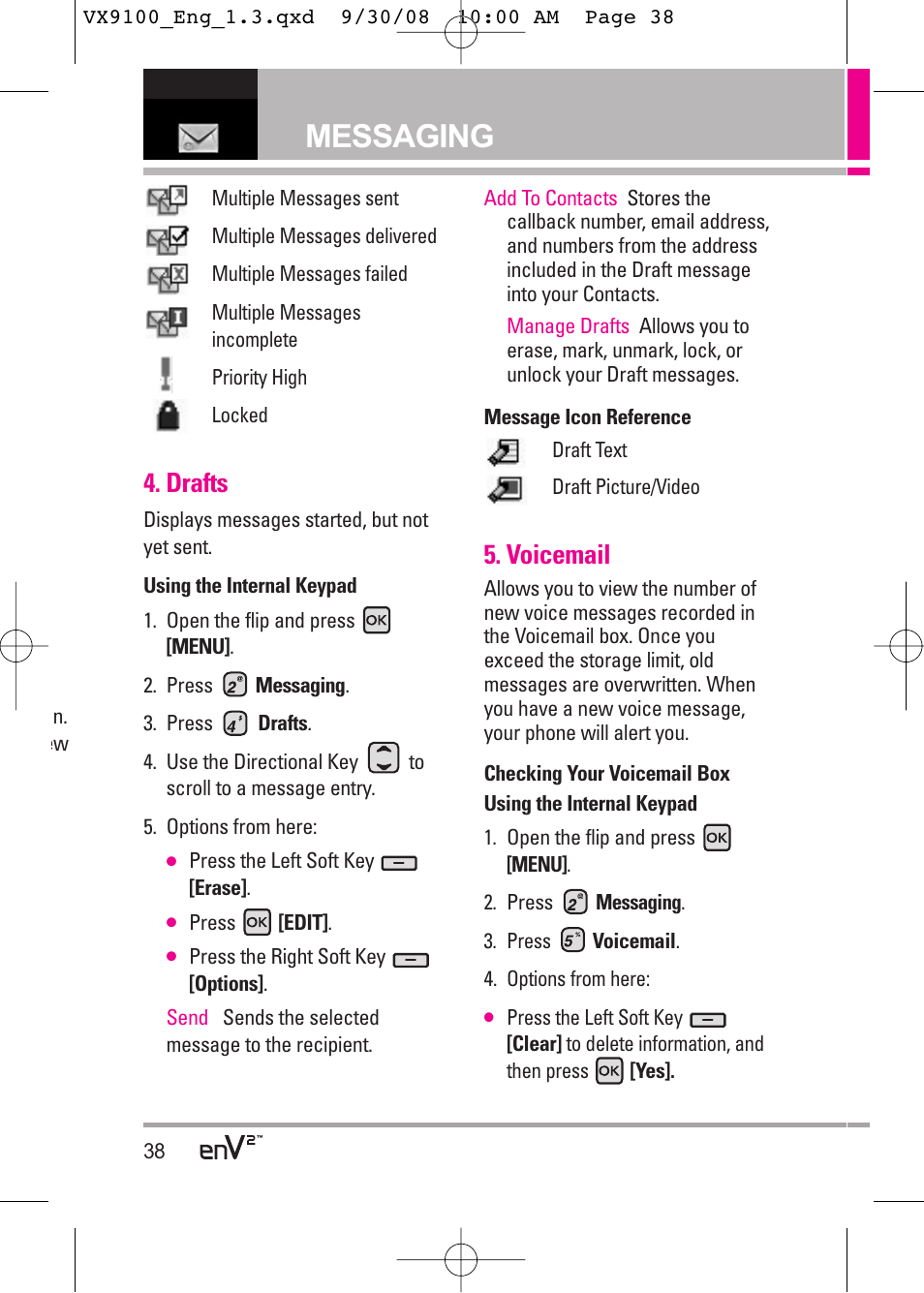 Messaging, Drafts, Voicemail | LG LGVX9100LK User Manual | Page 38 / 130