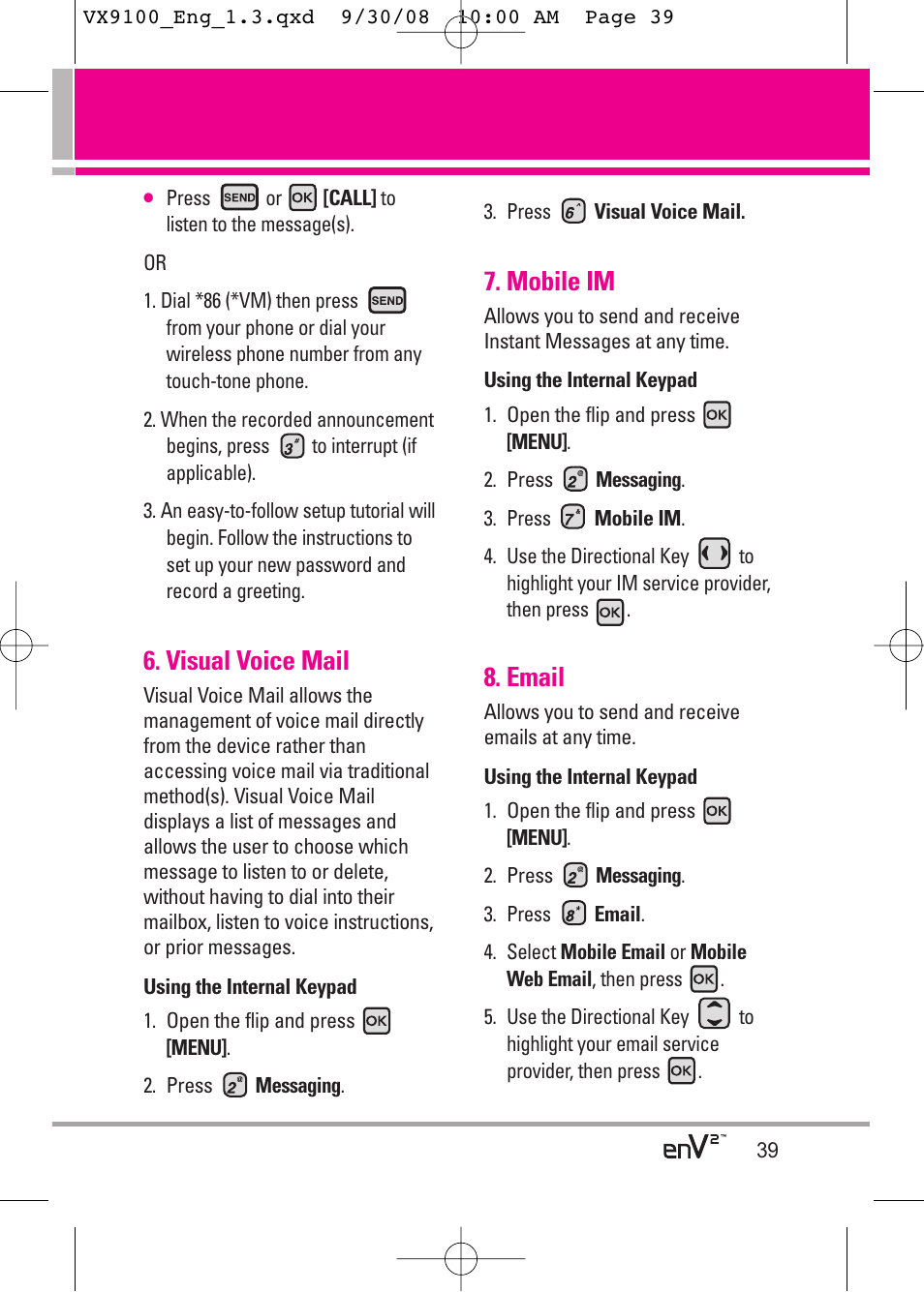 Visual voice mail, Mobile im, Email | LG LGVX9100LK User Manual | Page 39 / 130