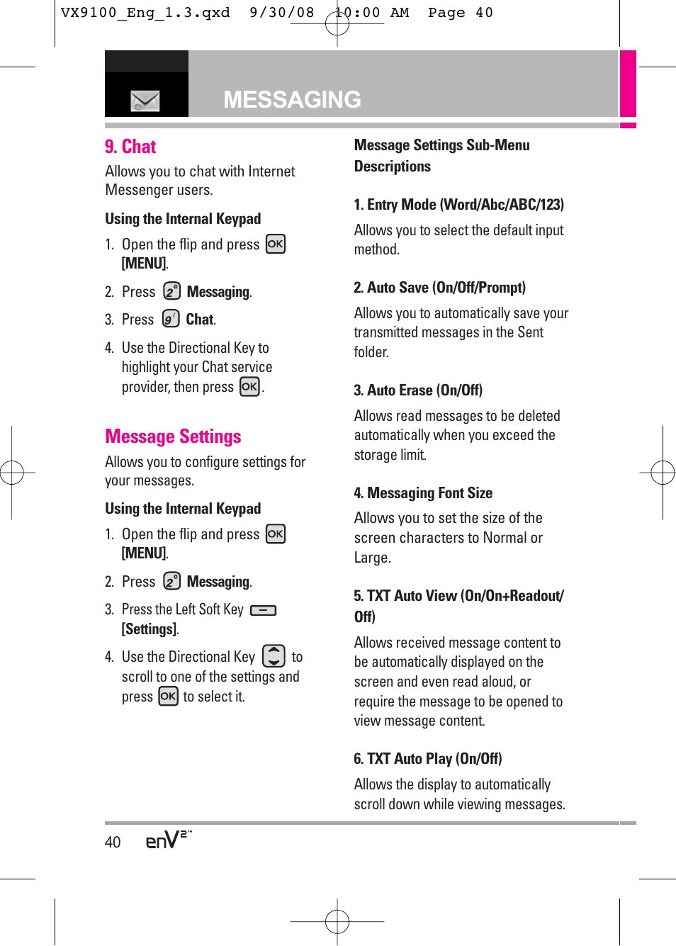 Messaging, Chat, Message settings | LG LGVX9100LK User Manual | Page 40 / 130