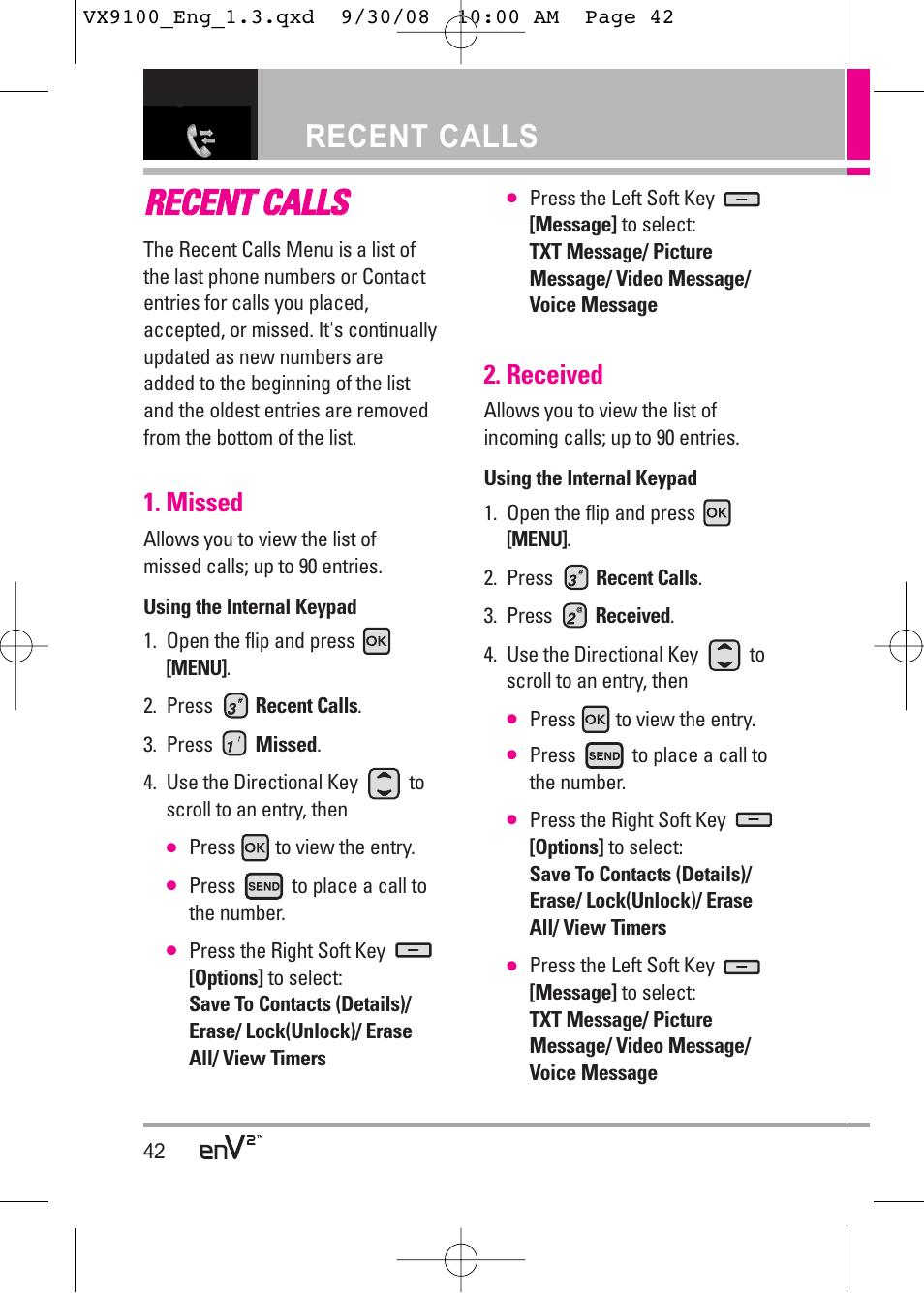 Recent calls, Missed, Received | LG LGVX9100LK User Manual | Page 42 / 130